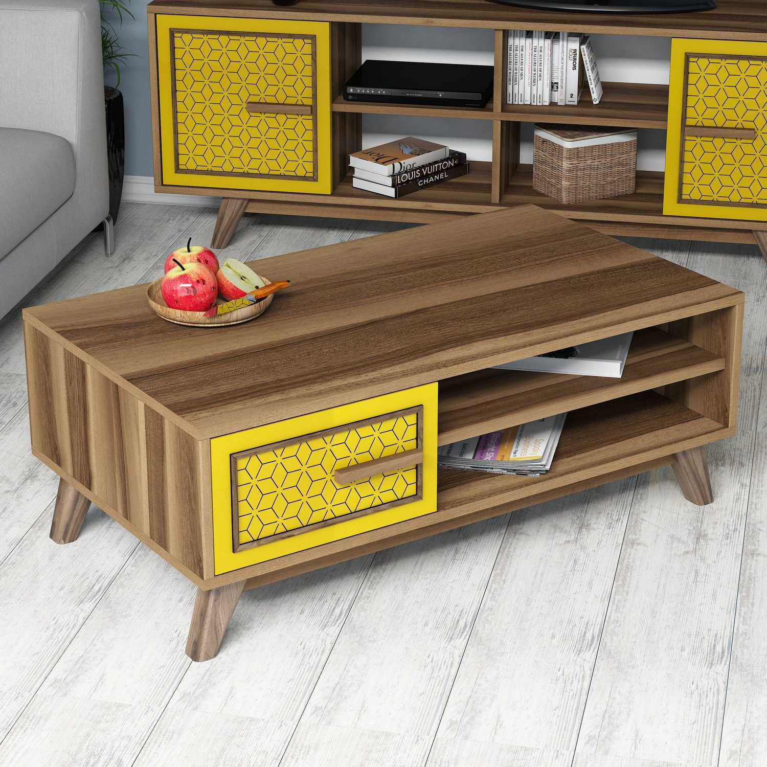 Mesa de Centro – 105 x 60 x 38,2 cm – Nogueira e Amarelo – Painel de Partículas