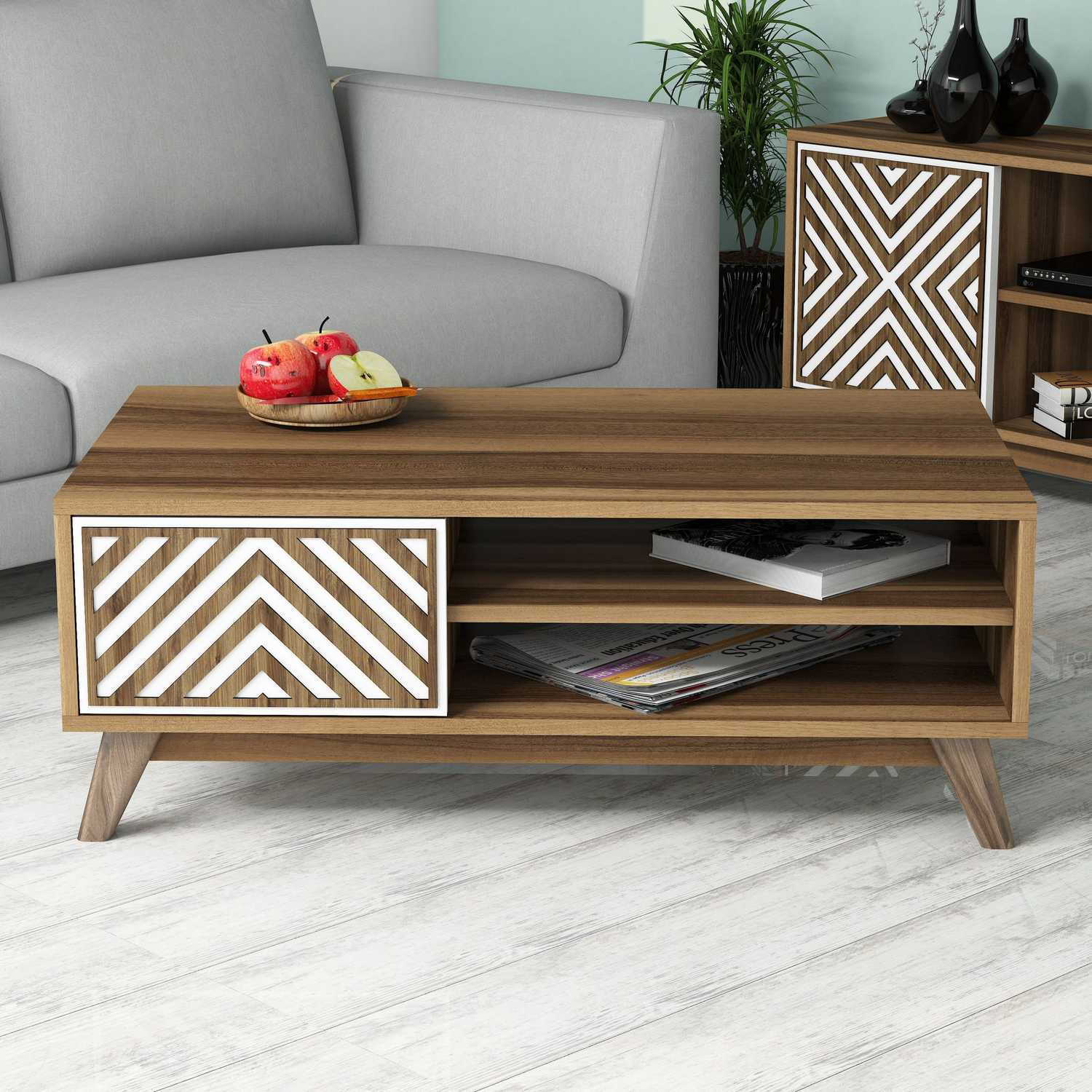 Mesa de Centro Moderna com Prateleiras – 105 x 38,2 x 60 cm – Nogueira e Branco – Painéis de Partículas revestidos a Melamina