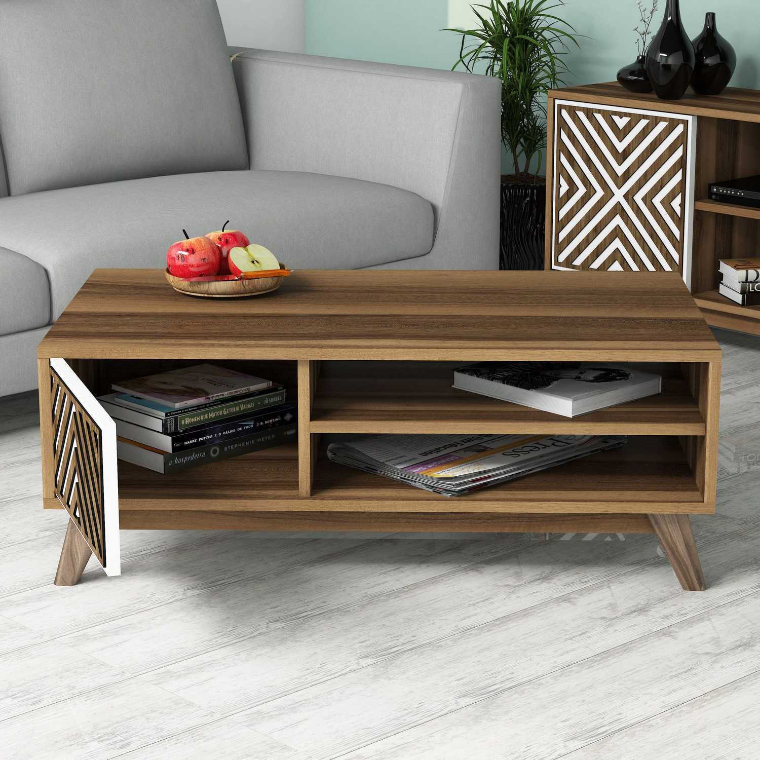Mesa de Centro Moderna com Prateleiras – 105 x 38,2 x 60 cm – Nogueira e Branco – Painéis de Partículas revestidos a Melamina