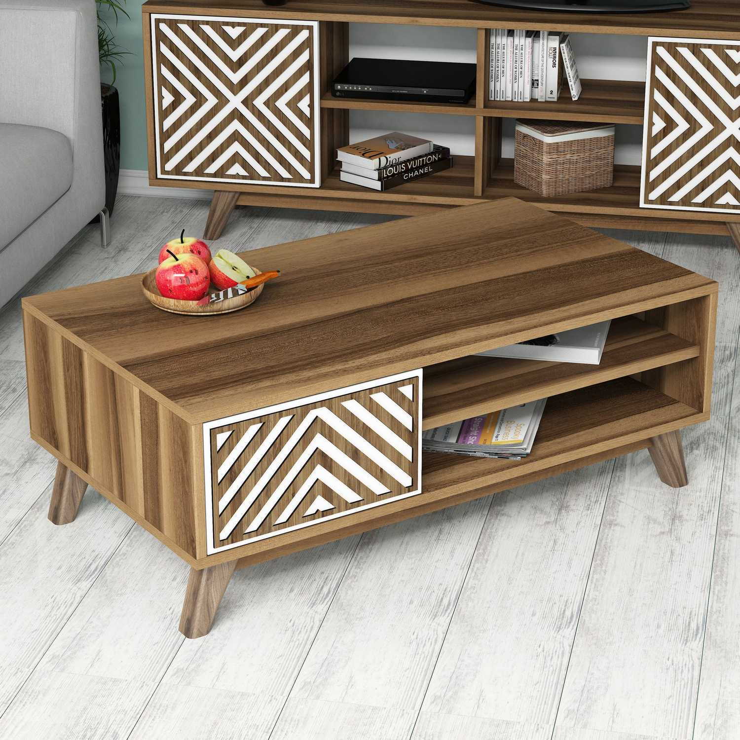 Mesa de Centro Moderna com Prateleiras – 105 x 38,2 x 60 cm – Nogueira e Branco – Painéis de Partículas revestidos a Melamina