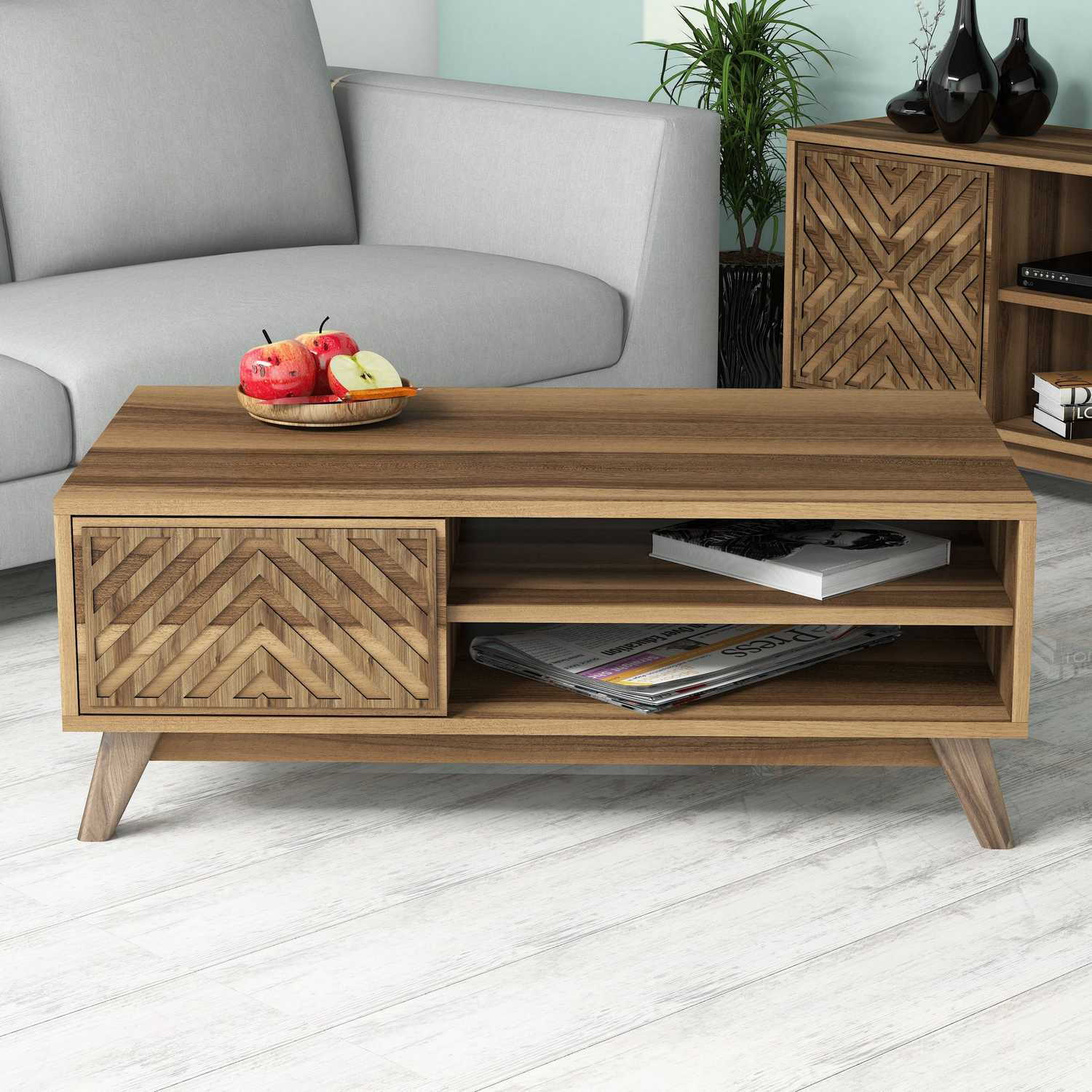 Mesa de Centro – 105 cm x 60 cm x 38,2 cm – Nogueira – Painel de partículas revestido em melamina