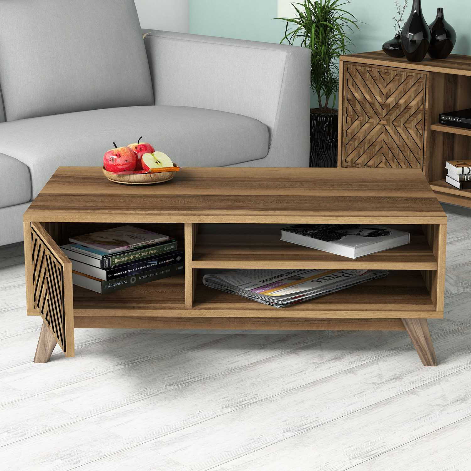 Mesa de Centro – 105 cm x 60 cm x 38,2 cm – Nogueira – Painel de partículas revestido em melamina