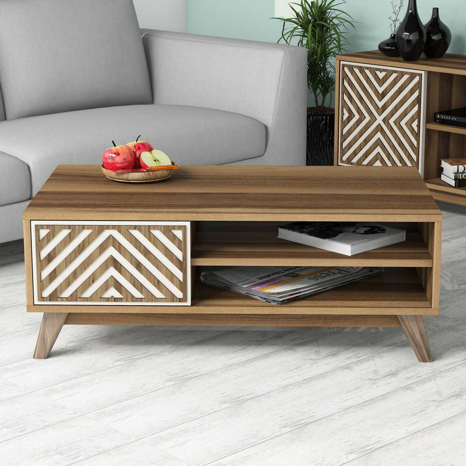 Mesa de Centro – 105 x 38,2 x 60 cm – Nogueira e Creme – Painel de Partículas Revestido a Melamina