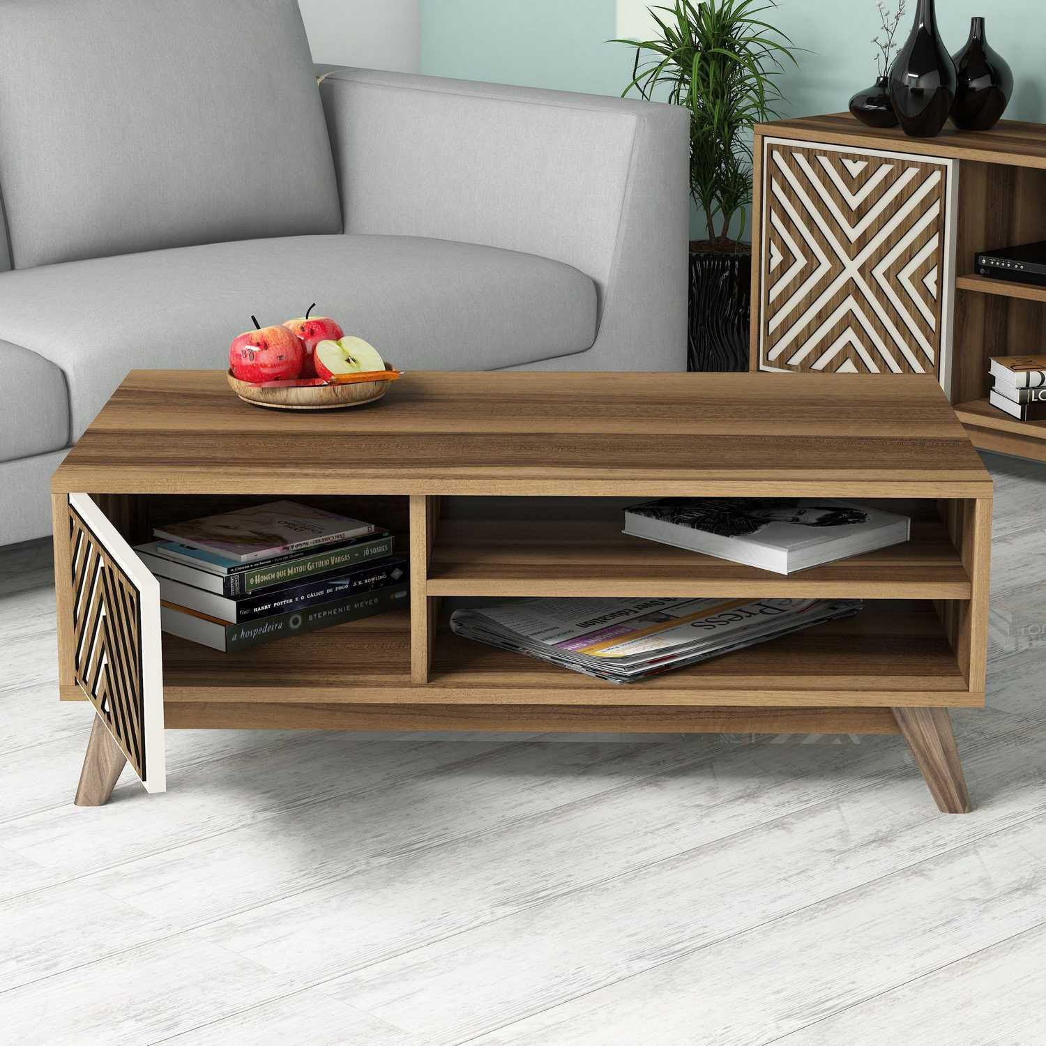 Mesa de Centro – 105 x 38,2 x 60 cm – Nogueira e Creme – Painel de Partículas Revestido a Melamina