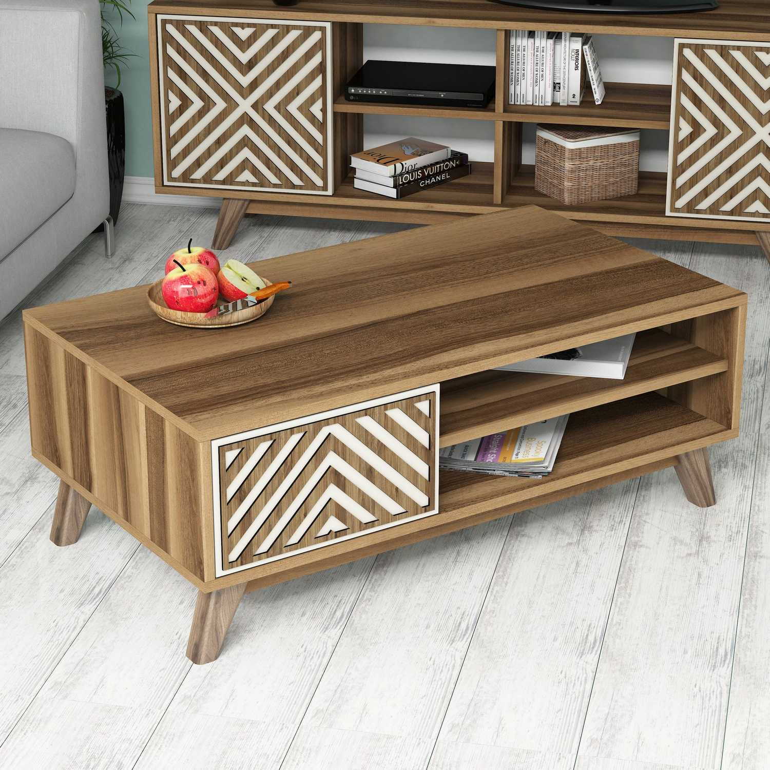 Mesa de Centro – 105 x 38,2 x 60 cm – Nogueira e Creme – Painel de Partículas Revestido a Melamina