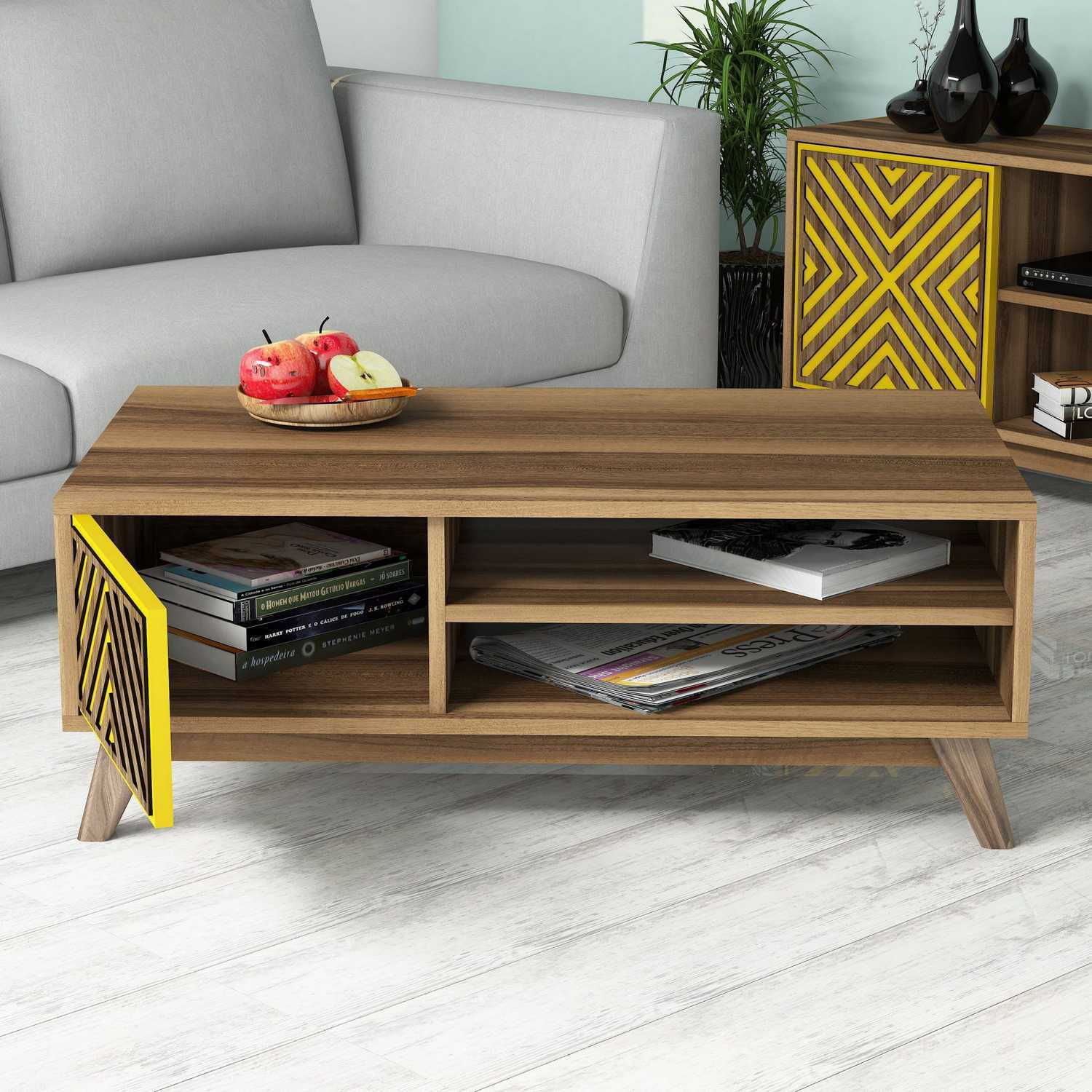 Mesa de Centro – 105 x 38,2 x 60 cm – Nogueira e Amarelo – Painel de partículas revestido a melamina