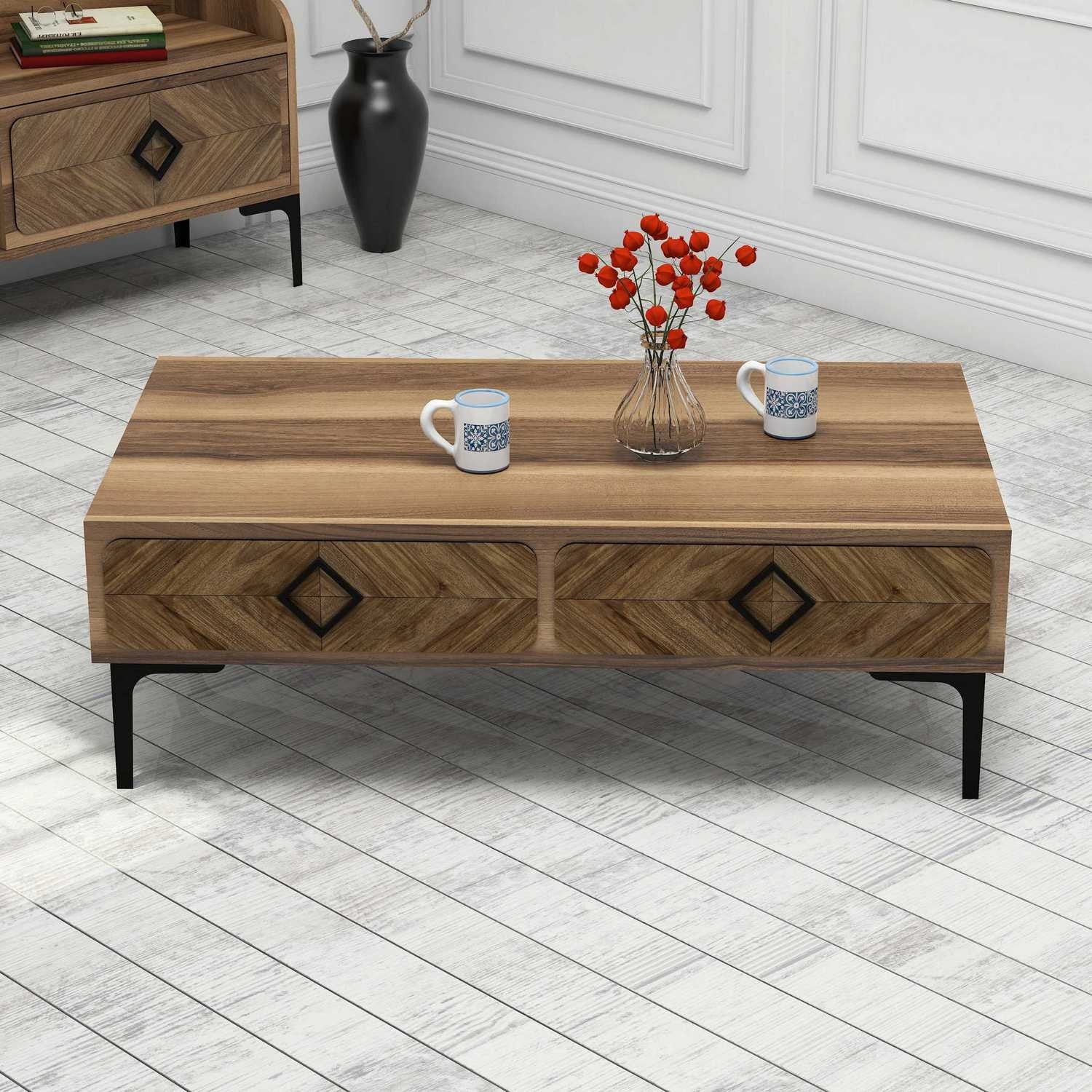 Mesa de Centro Moderna em Nogueira – 105 cm x 60 cm x 34,6 cm – Nogueira – Painel de Partículas revestido a Melamina