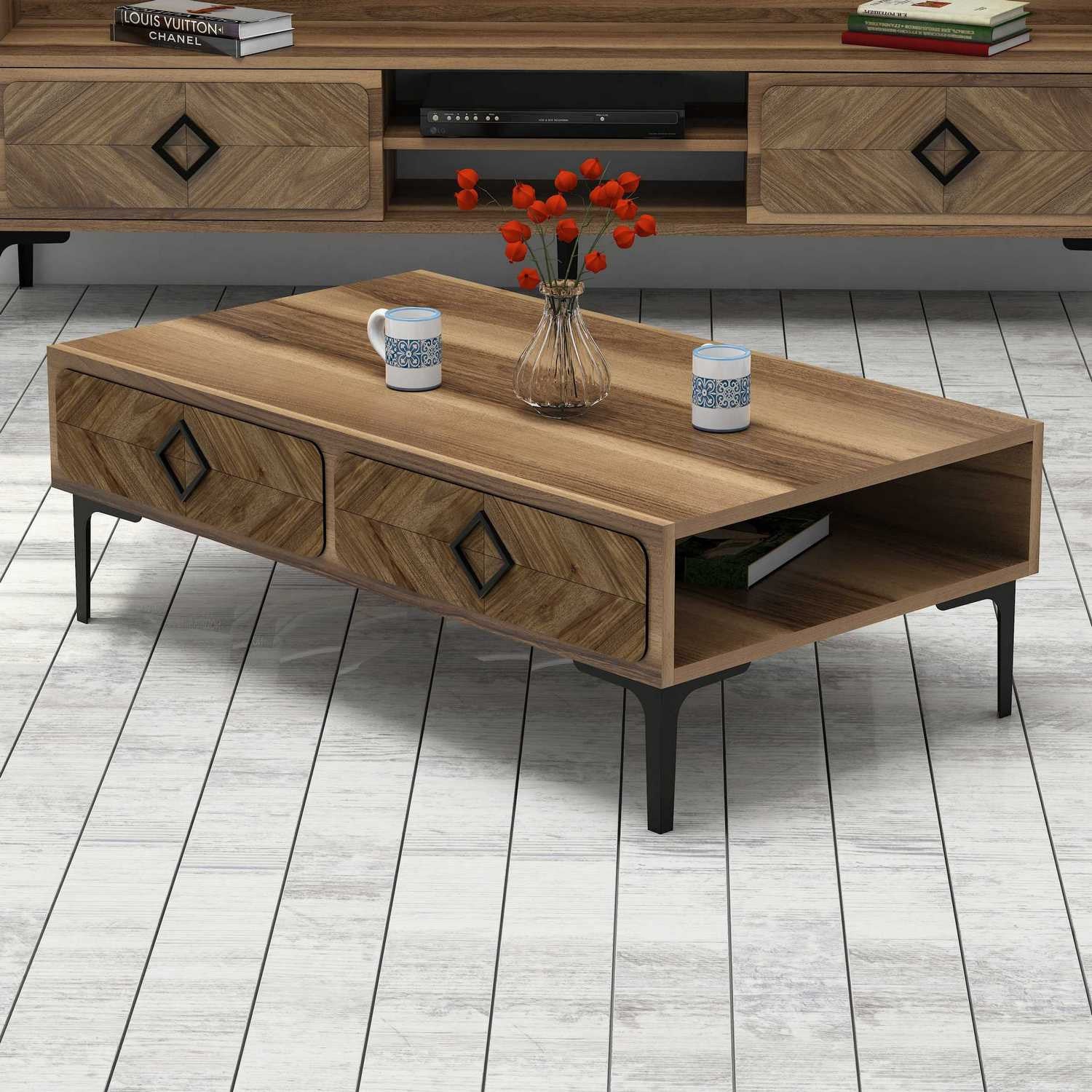Mesa de Centro Moderna em Nogueira – 105 cm x 60 cm x 34,6 cm – Nogueira – Painel de Partículas revestido a Melamina