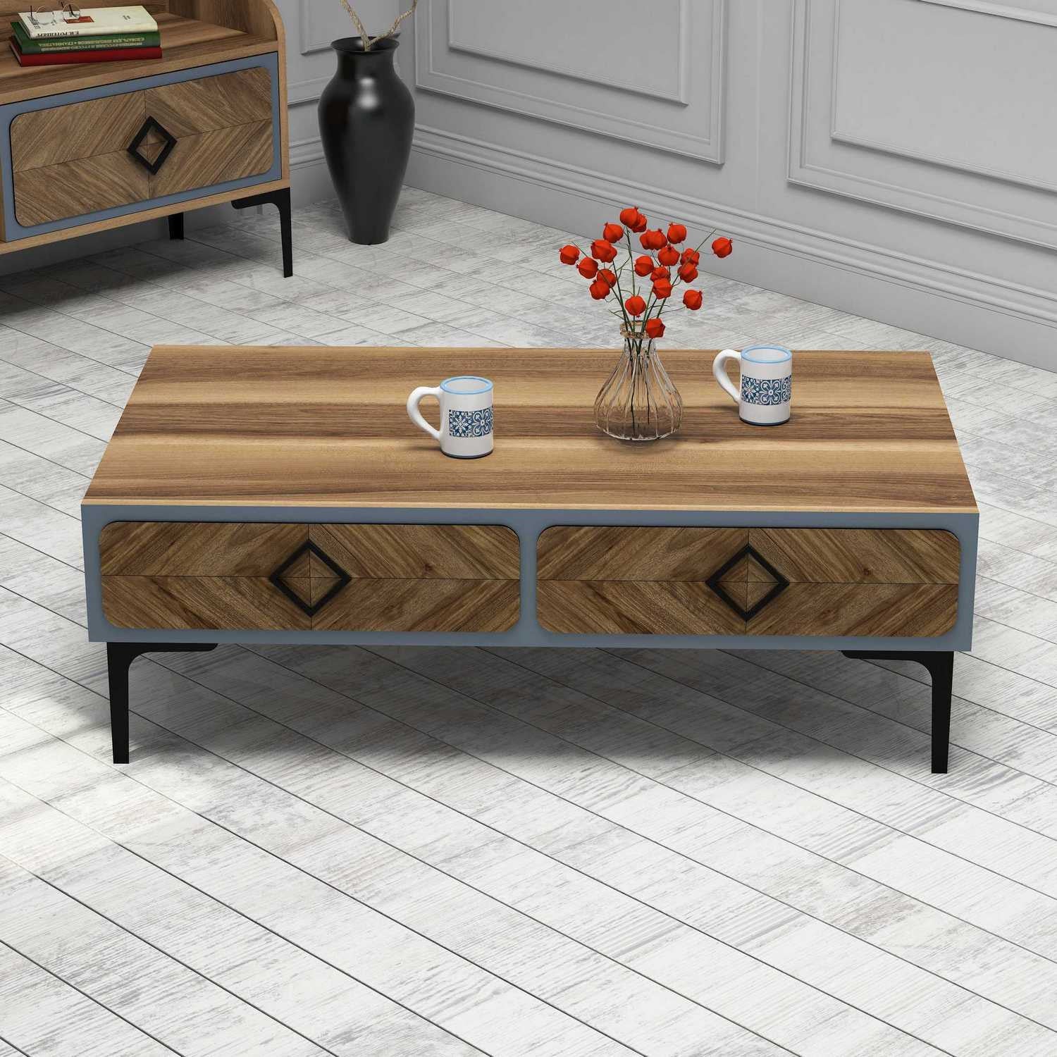 Mesa de Centro Moderna – 105 x 34,6 x 60 cm – Nogueira e Azul – Painéis de Partículas Revestidos a Melamina
