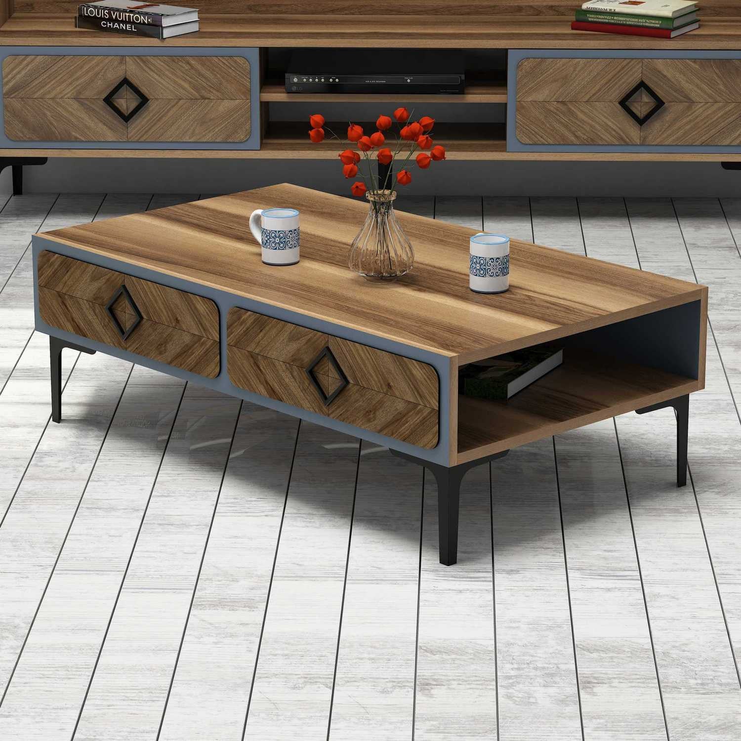 Mesa de Centro Moderna – 105 x 34,6 x 60 cm – Nogueira e Azul – Painéis de Partículas Revestidos a Melamina