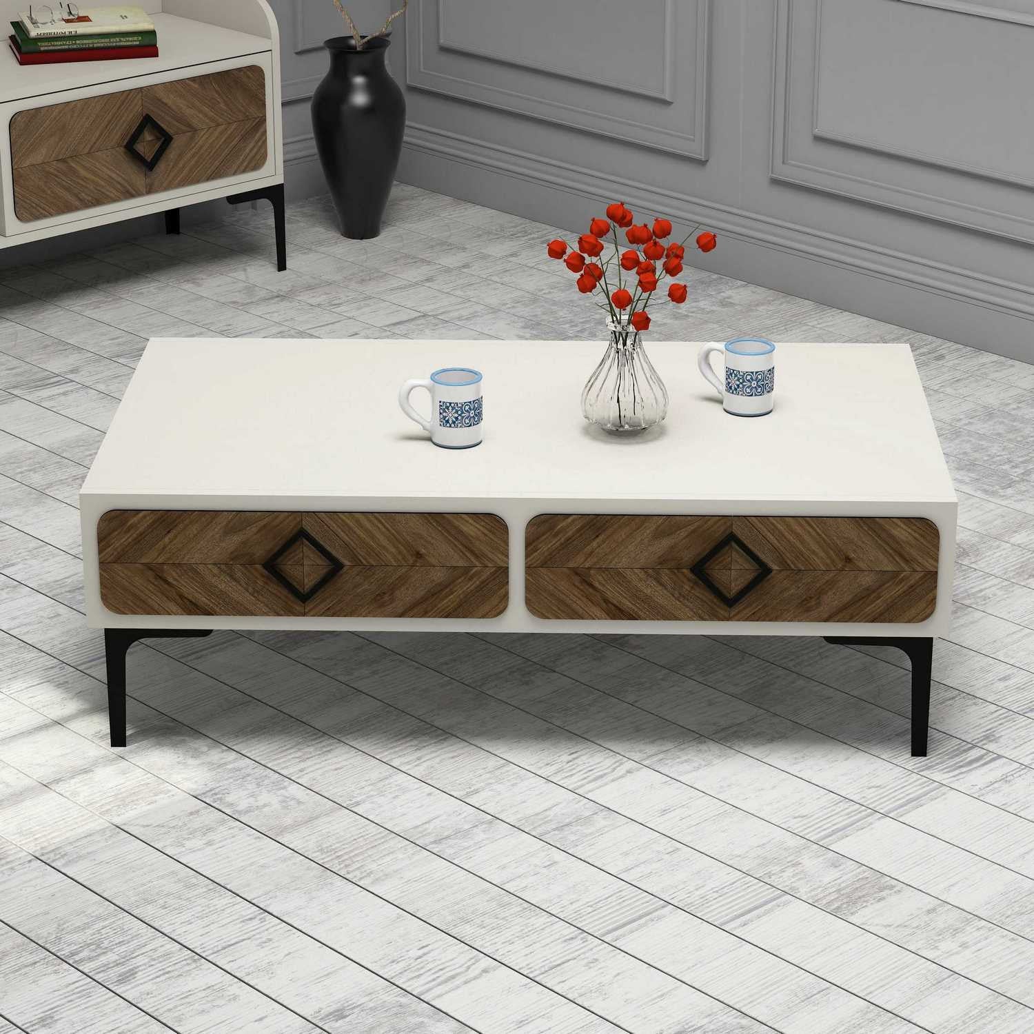 Mesa de Centro Moderna – 105 x 60 x 34,6 cm – Nogueira e Creme – Painel de Partículas