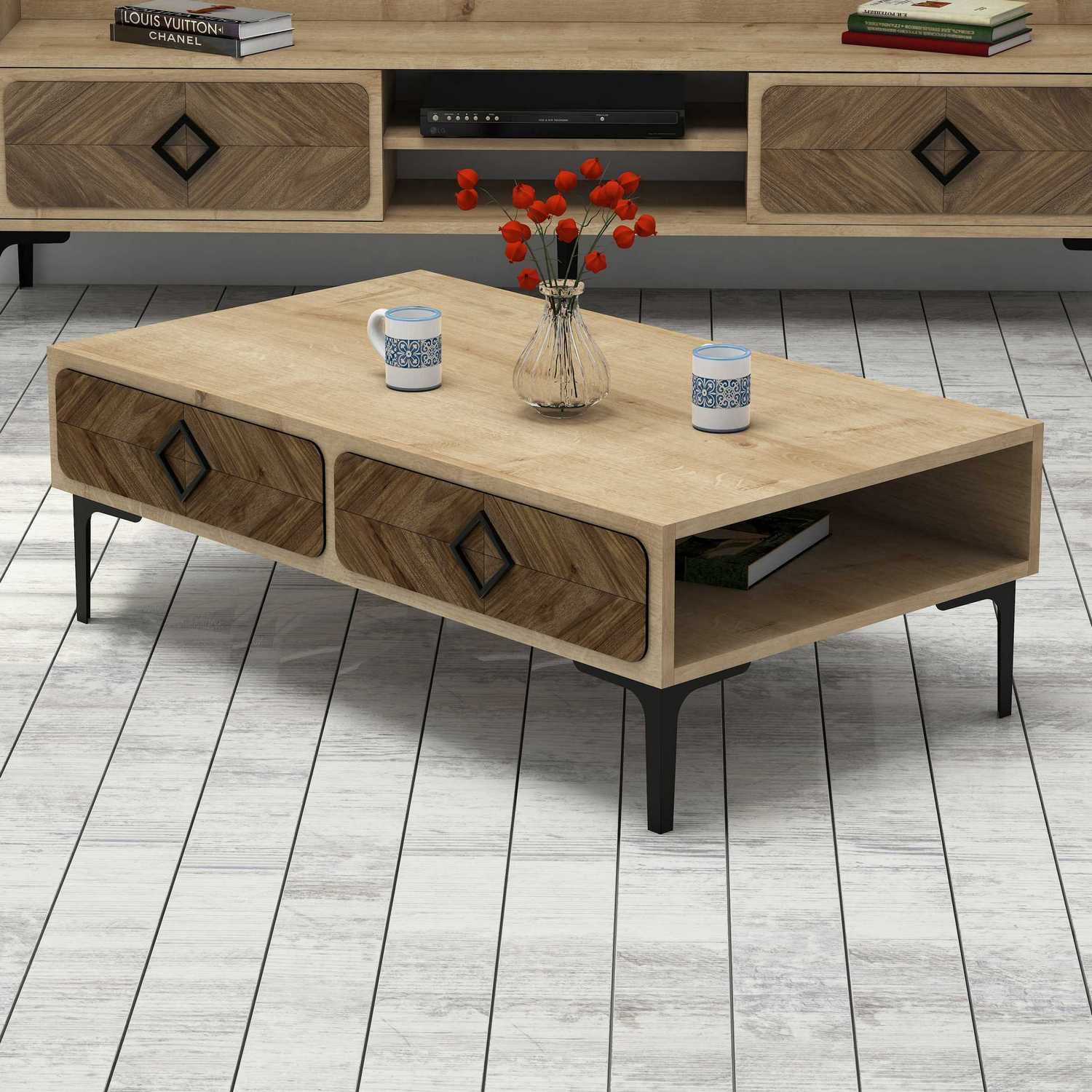 Mesa de Centro Moderna – 105 x 34,6 x 60 cm – Cor Carvalho – Painel de Partículas