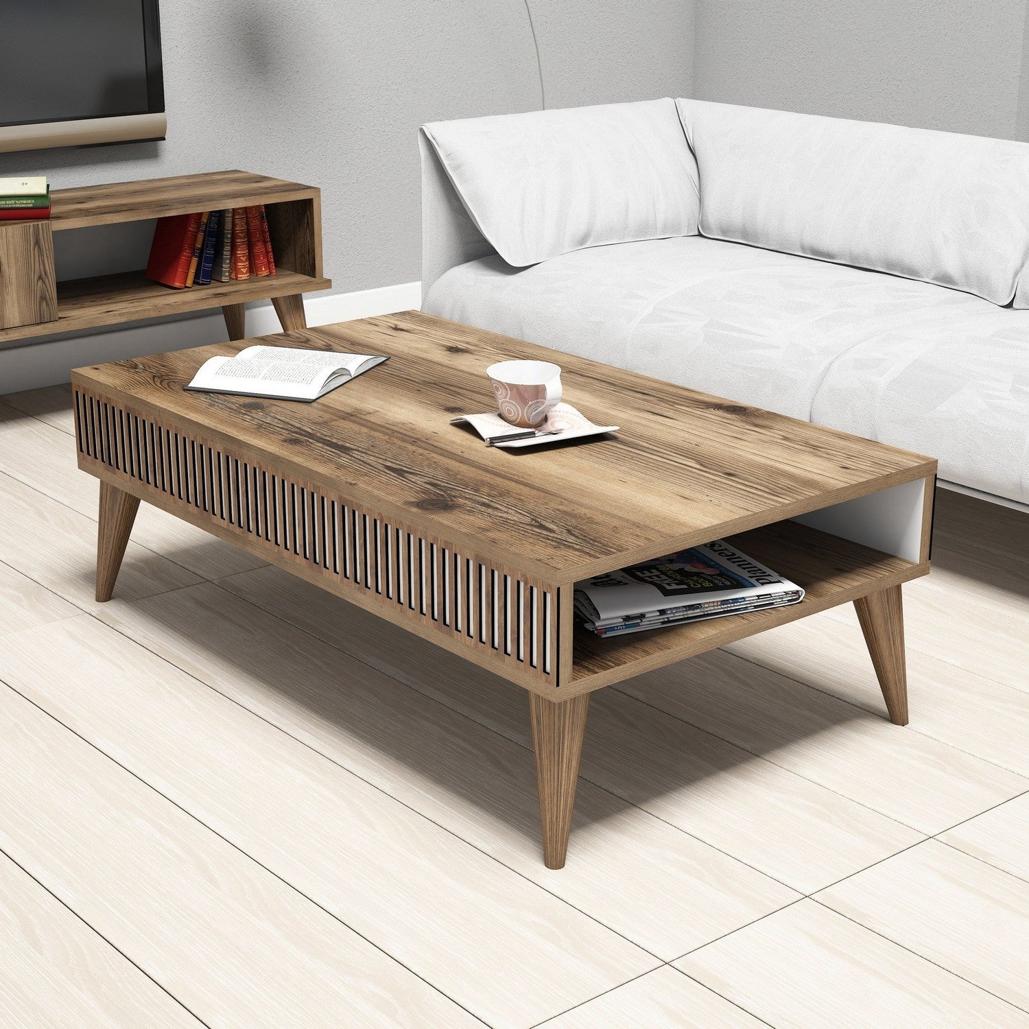 Mesa de Centro Moderna – 105 x 60 x 34,6 cm – Nogueira – Painel de Partículas