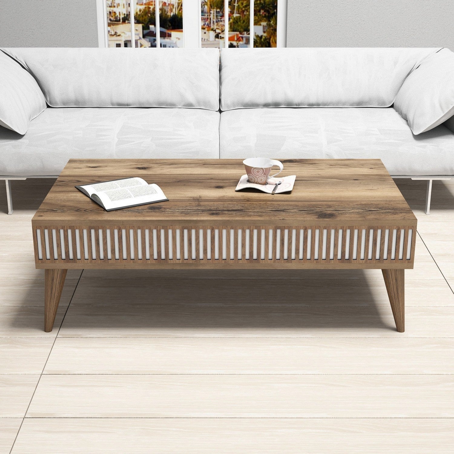 Mesa de Centro Moderna – 105 x 60 x 34,6 cm – Nogueira – Painel de Partículas