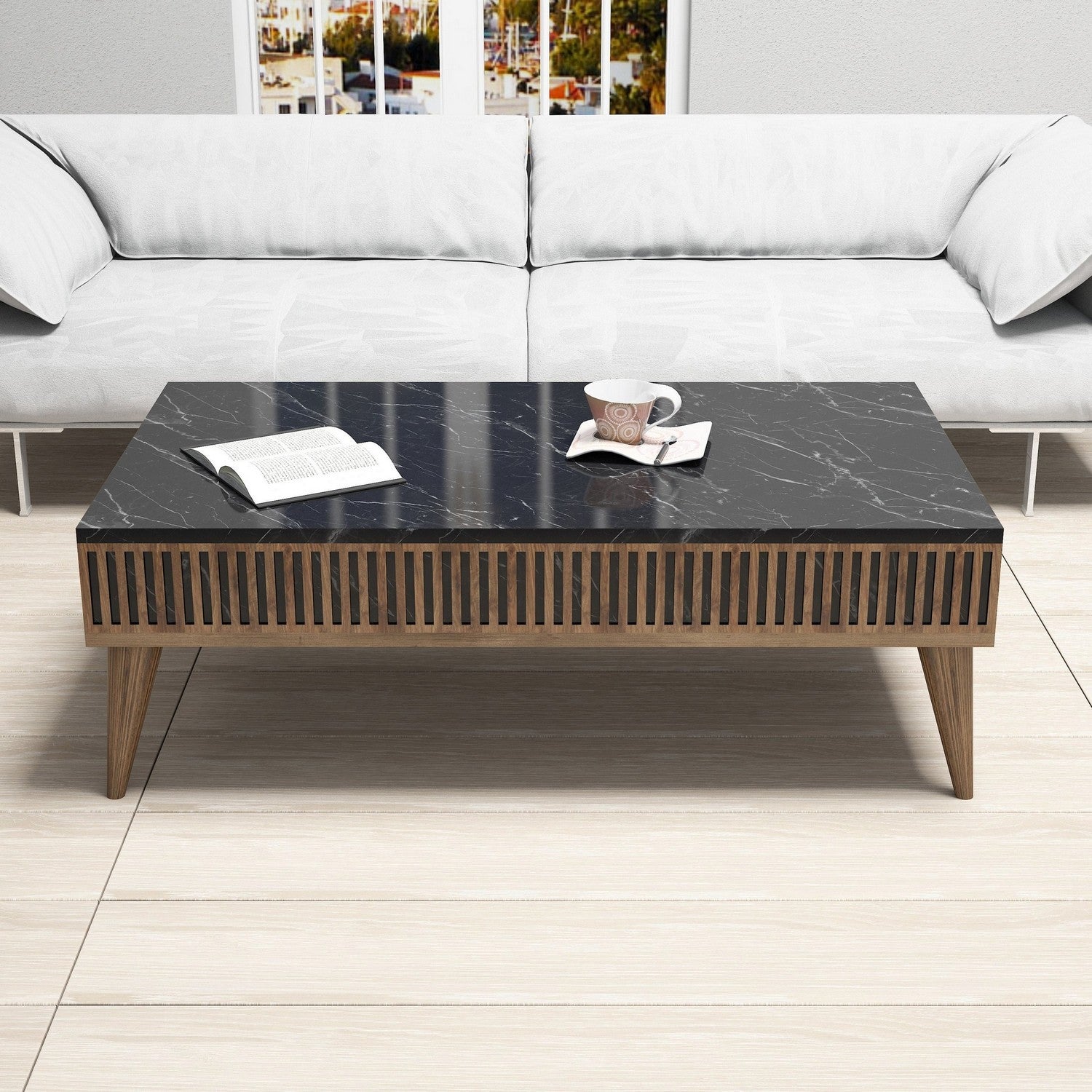 Mesa de Centro Moderna – 105 x 60 x 34,6 cm – Nogueira e Preto – Painéis de Partículas Revestidos a Melamina