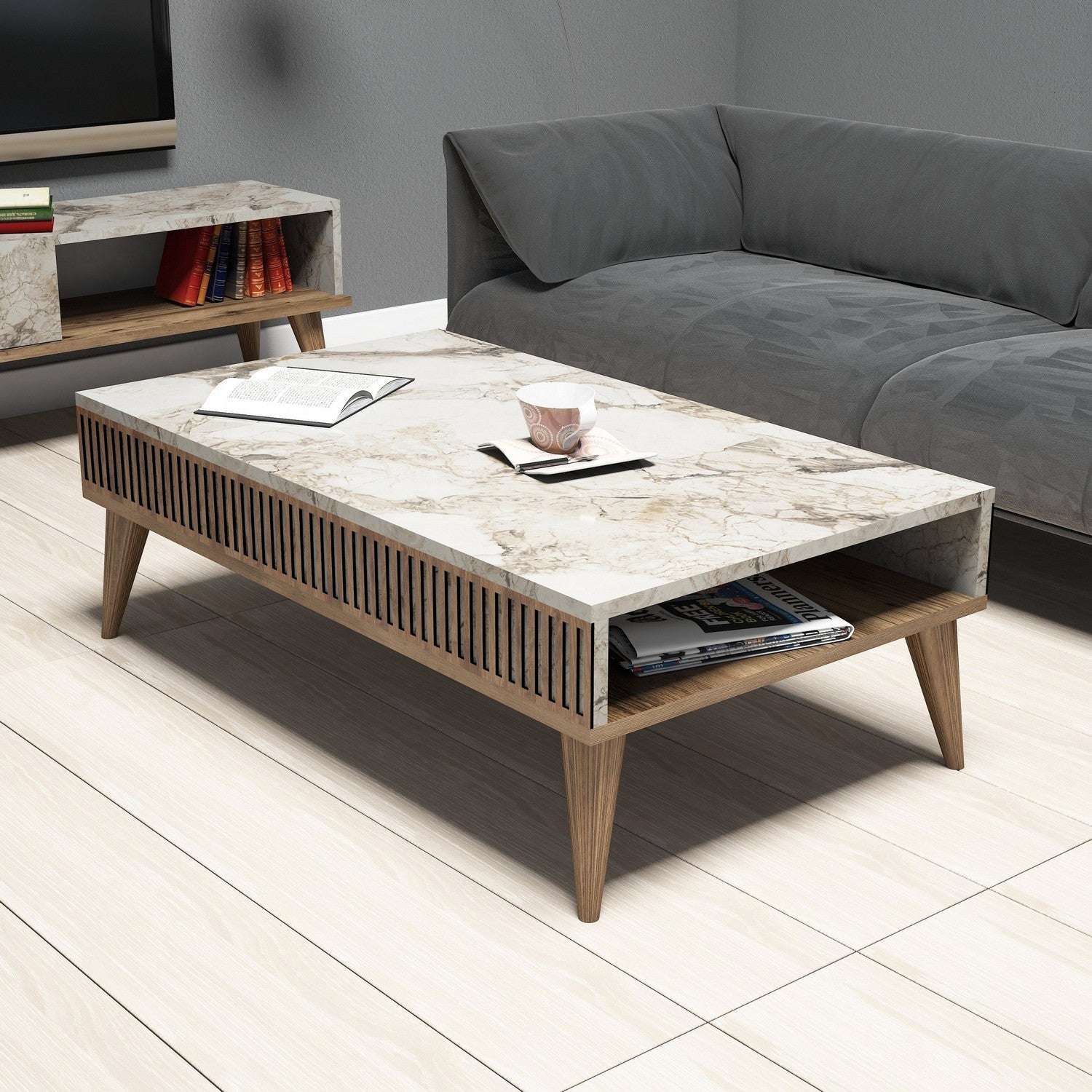 Mesa de Centro – 105 x 60 x 34,6 cm – Nogueira e Branco – Painel de Partículas revestido a Melamina
