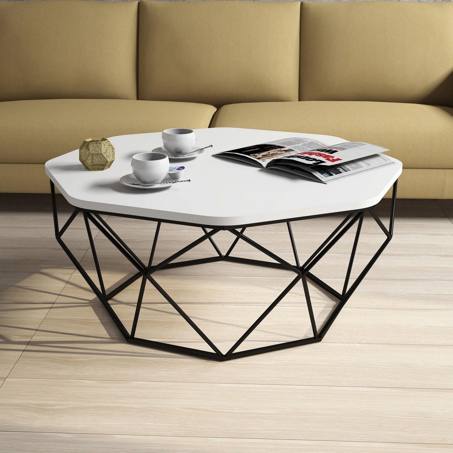 Mesa de Centro – 90 x 90 x 38 cm – Branca – Painel de Partículas e Metal