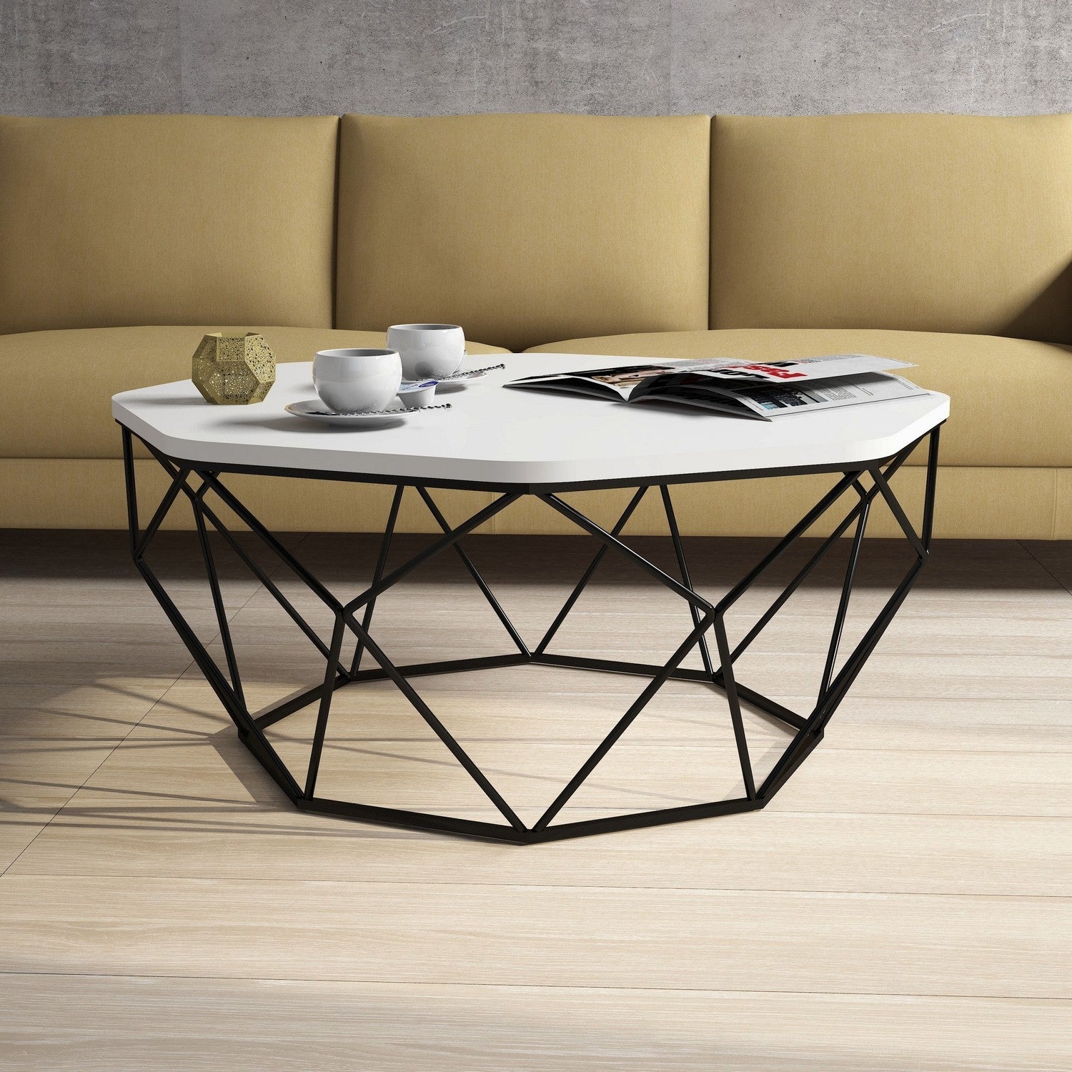 Mesa de Centro – 90 x 90 x 38 cm – Branca – Painel de Partículas e Metal