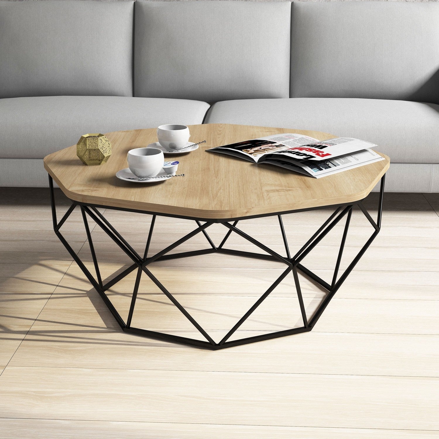 Mesa de Centro Moderna – 90 x 90 x 38 cm – Carvalho – Painel de Partículas revestido em Melamina e Estrutura em Metal