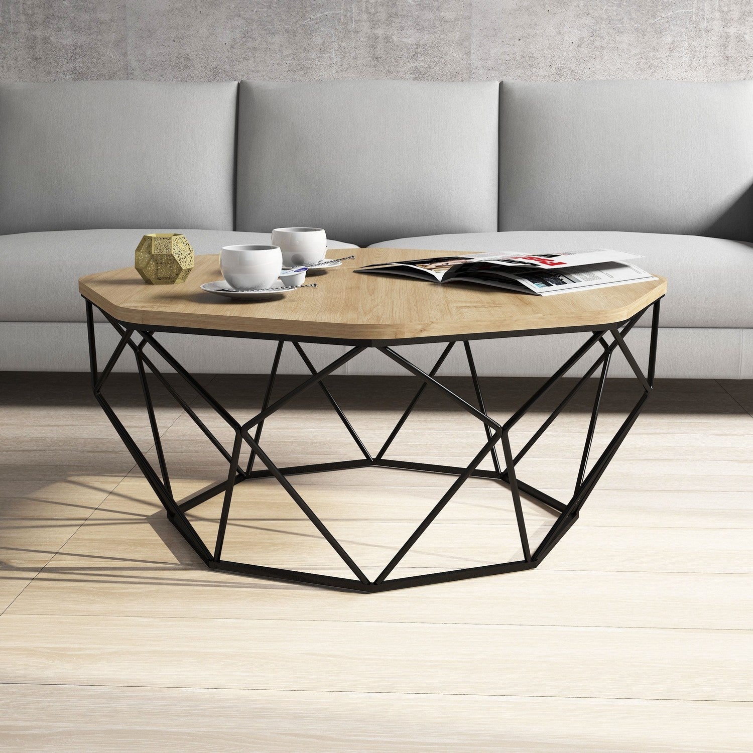 Mesa de Centro Moderna – 90 x 90 x 38 cm – Carvalho – Painel de Partículas revestido em Melamina e Estrutura em Metal