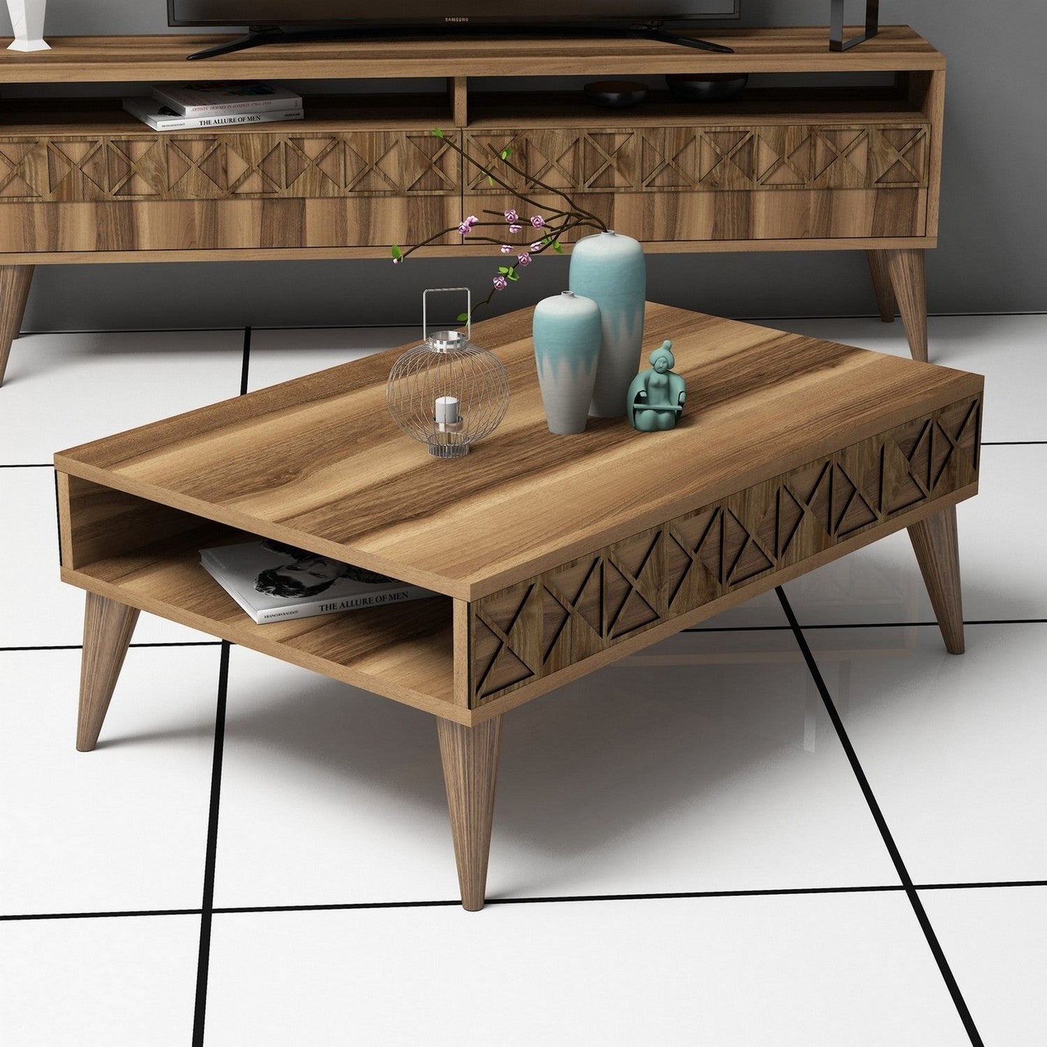 Mesa de Centro Moderna em Nogueira – 90 x 60 x 34,6 cm – Painel de partículas revestido em melamina