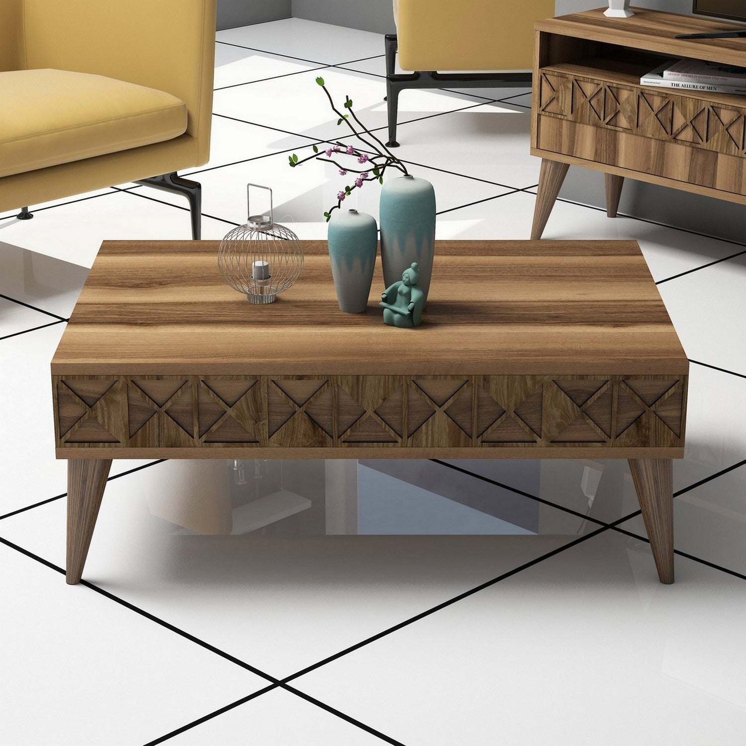 Mesa de Centro Moderna em Nogueira – 90 x 60 x 34,6 cm – Painel de partículas revestido em melamina