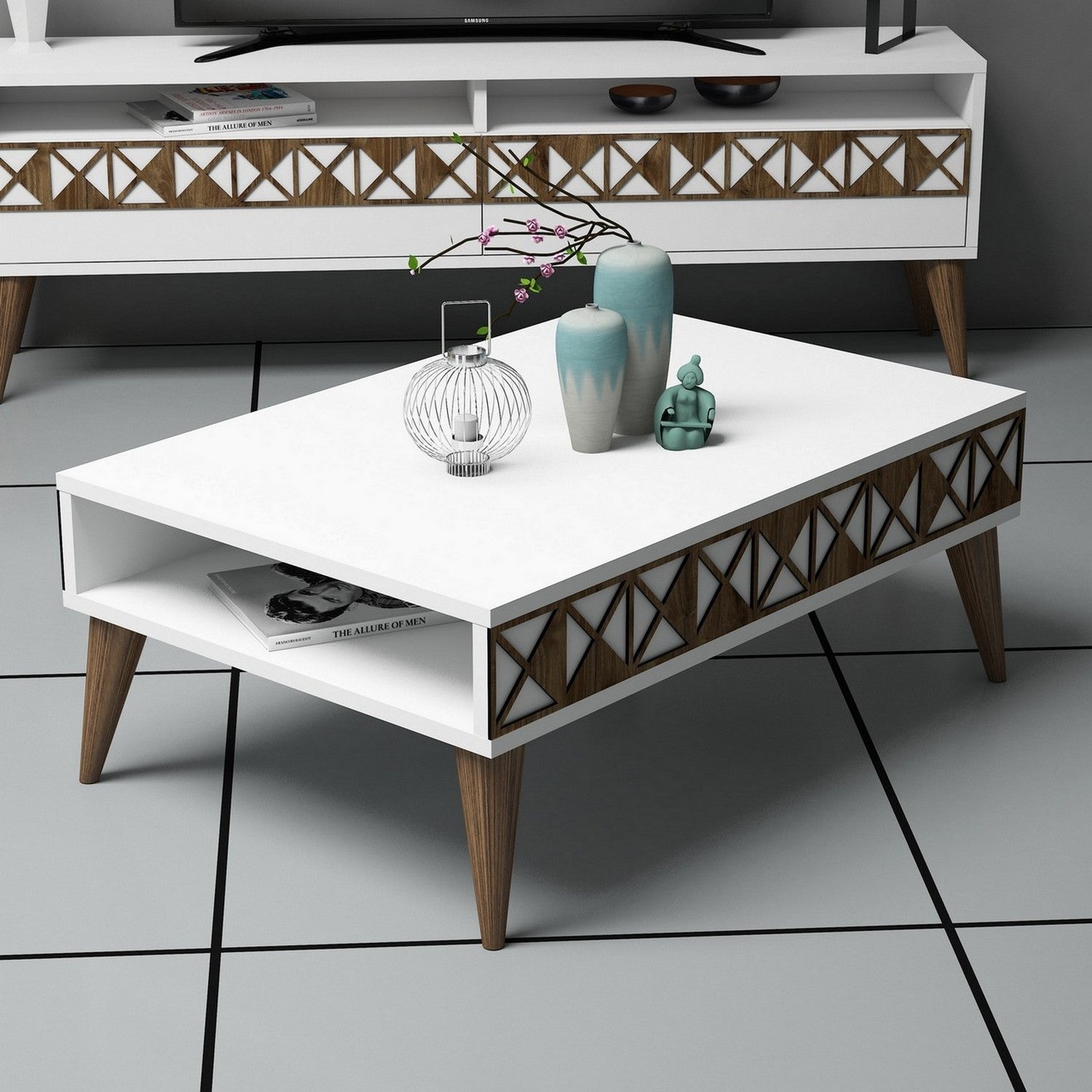 Mesa de Centro Moderna – 90 x 60 x 34,6 cm – Branca – Painel de Partículas