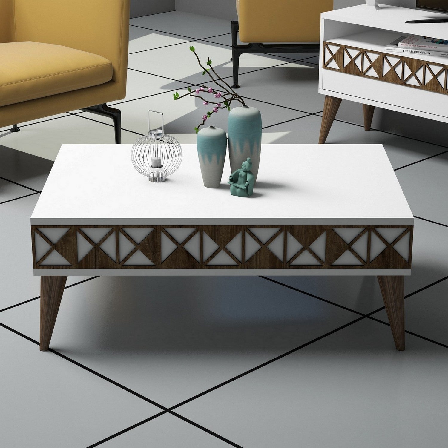 Mesa de Centro Moderna – 90 x 60 x 34,6 cm – Branca – Painel de Partículas