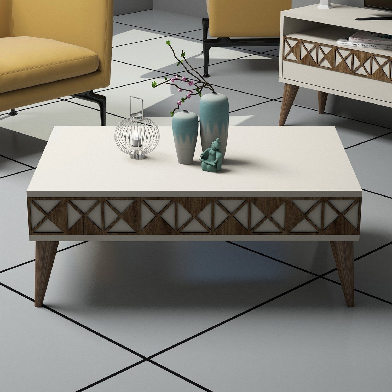Mesa de Centro Moderna – 90 x 60 x 34,6 cm – Cor Creme – Painel de Partículas Revestido a Melamina