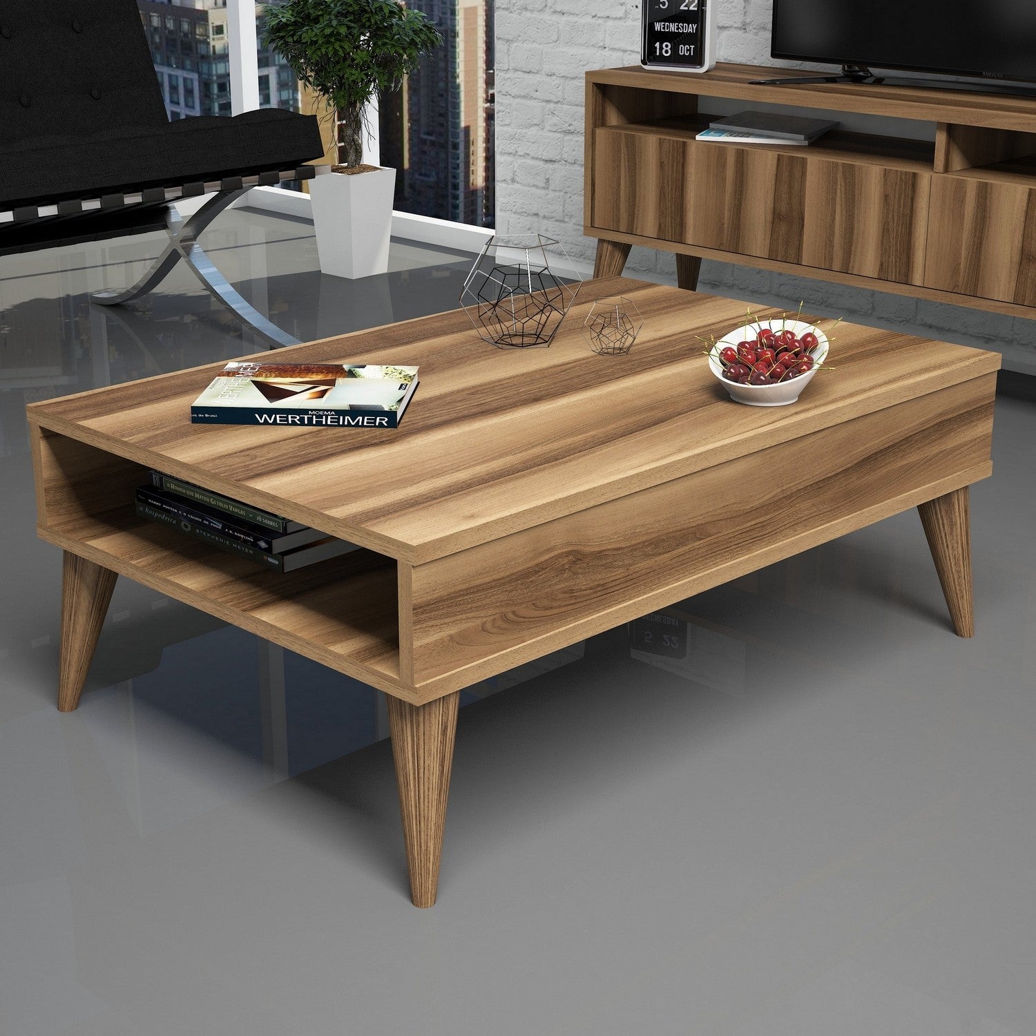 Mesa de Centro Moderna – 90 x 60 x 34,6 cm – Nogueira – Painel de Partículas revestido em Melamina