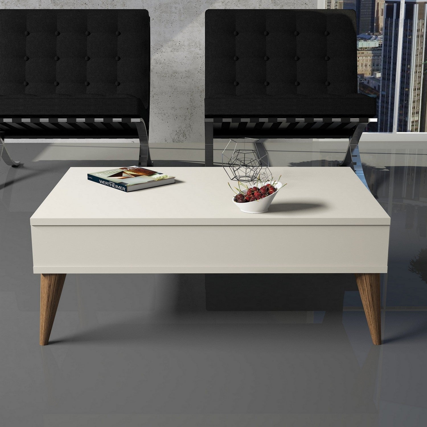 Mesa de Centro Moderna – 90 x 60 x 34,6 cm – Creme – Painel de Partículas revestido a Melamina