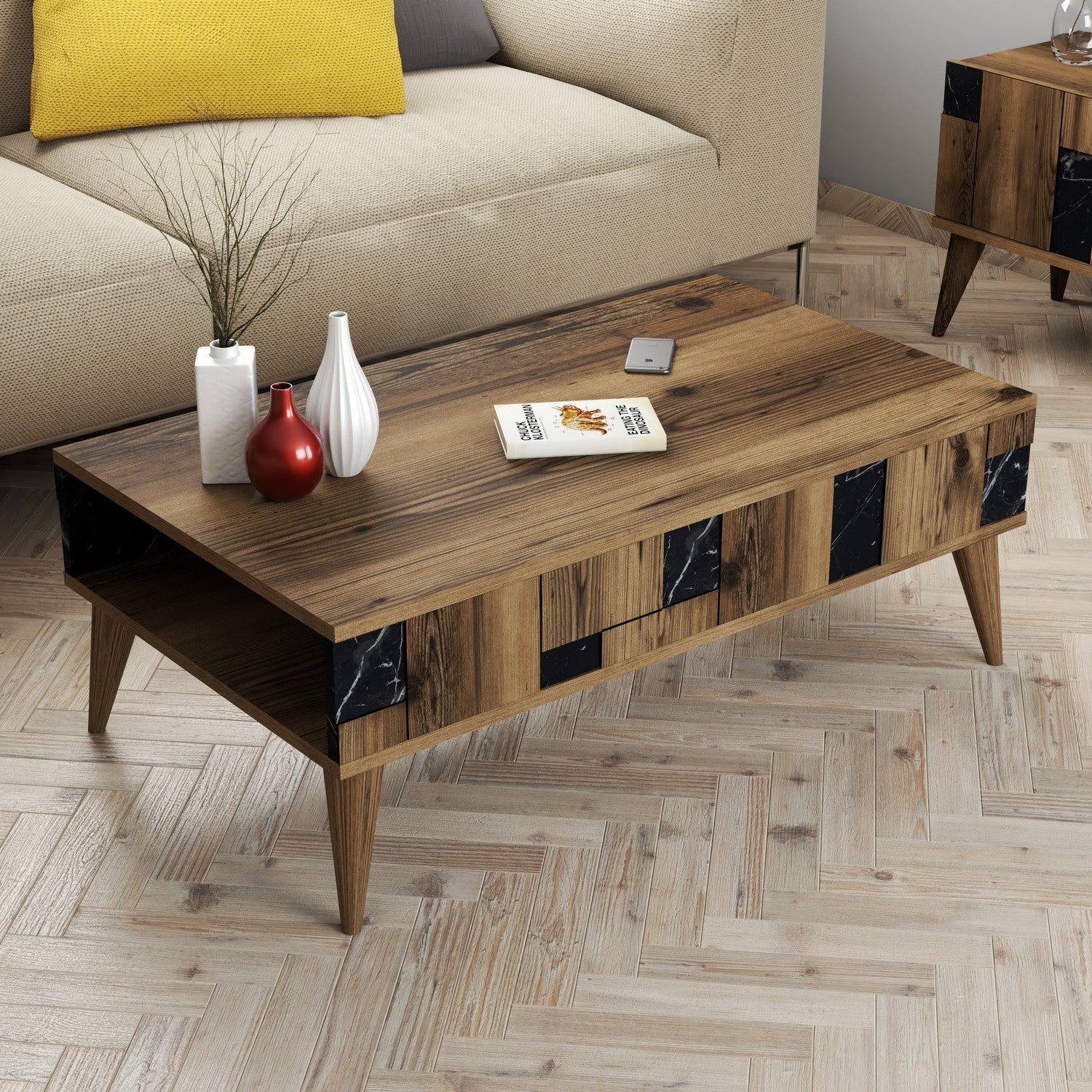 Mesa de Centro – 105 x 60 x 37,6 cm – Nogueira e Preto – Painel de Partículas com Melamina