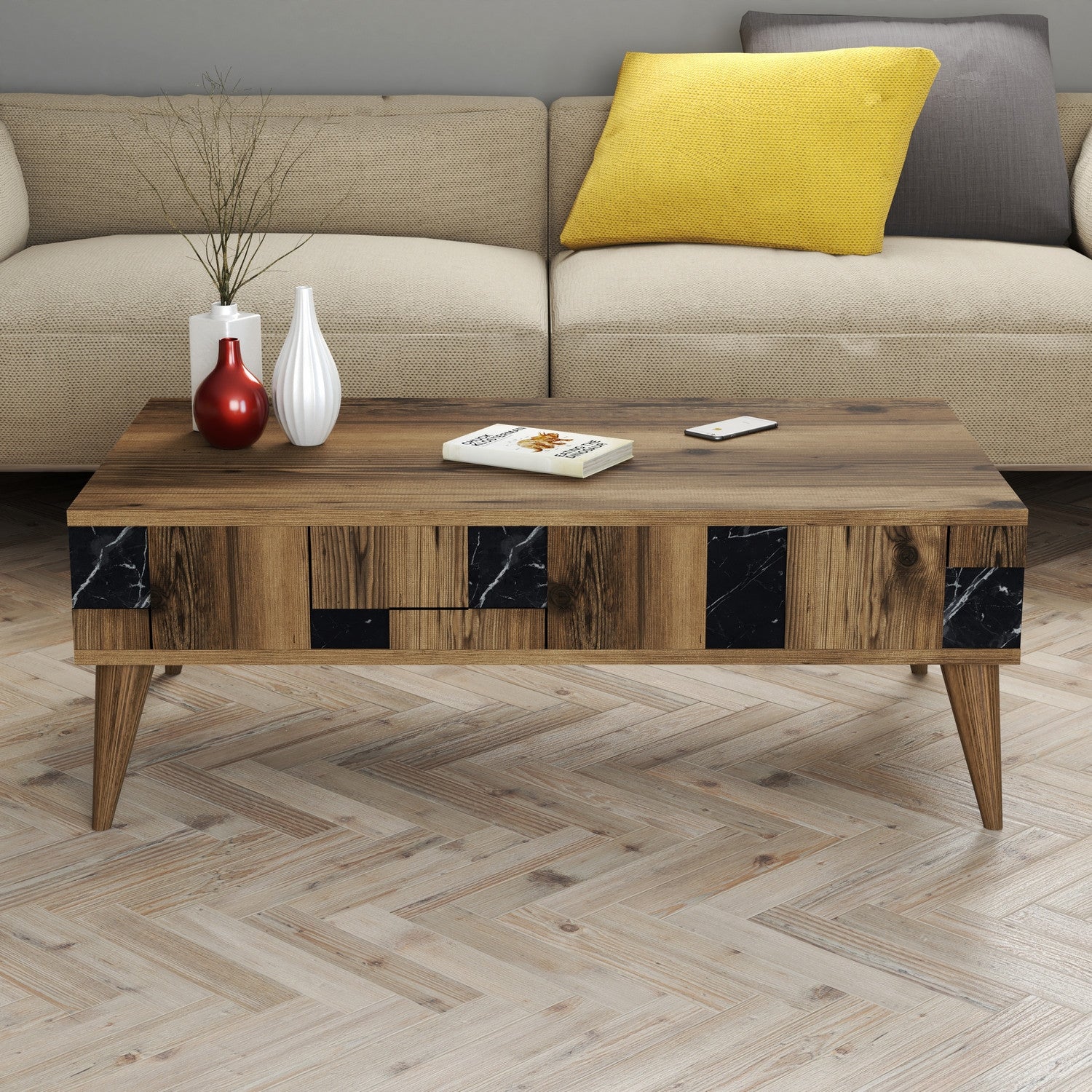 Mesa de Centro – 105 x 60 x 37,6 cm – Nogueira e Preto – Painel de Partículas com Melamina