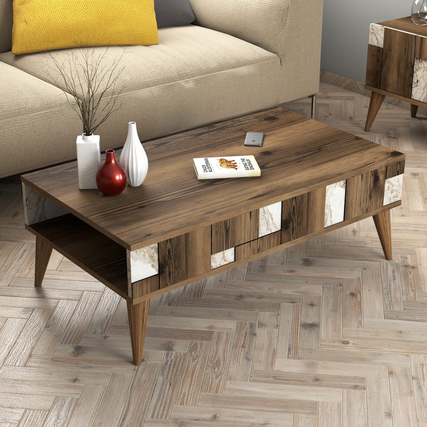 Mesa de Centro – 105 x 60 x 37,6 cm – Branca e Nogueira – Painel de Partículas revestido a Melamina