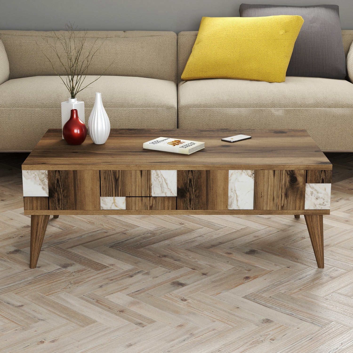 Mesa de Centro – 105 x 60 x 37,6 cm – Branca e Nogueira – Painel de Partículas revestido a Melamina
