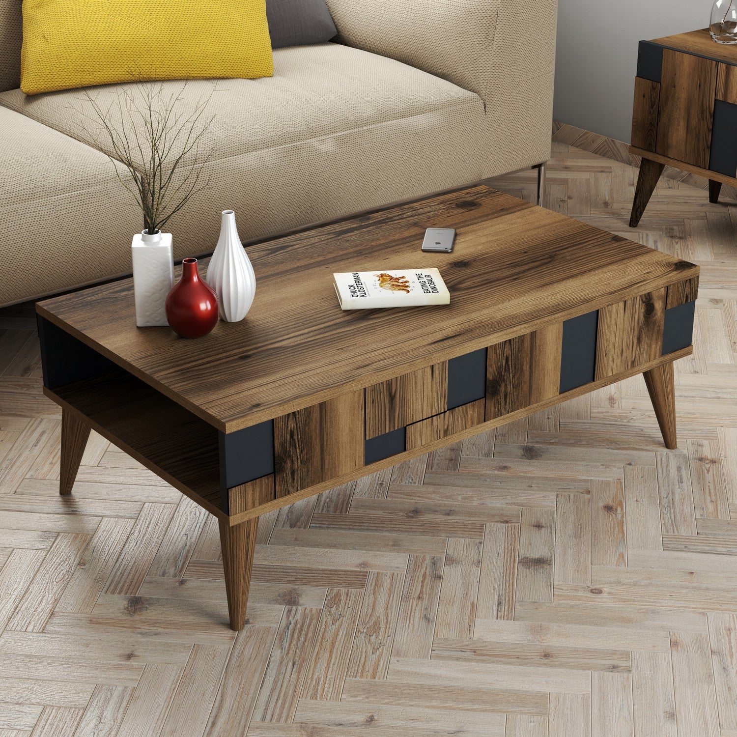 Mesa de Centro – 105 x 60 x 37,6 cm – Nogueira e Antracite – Melamina