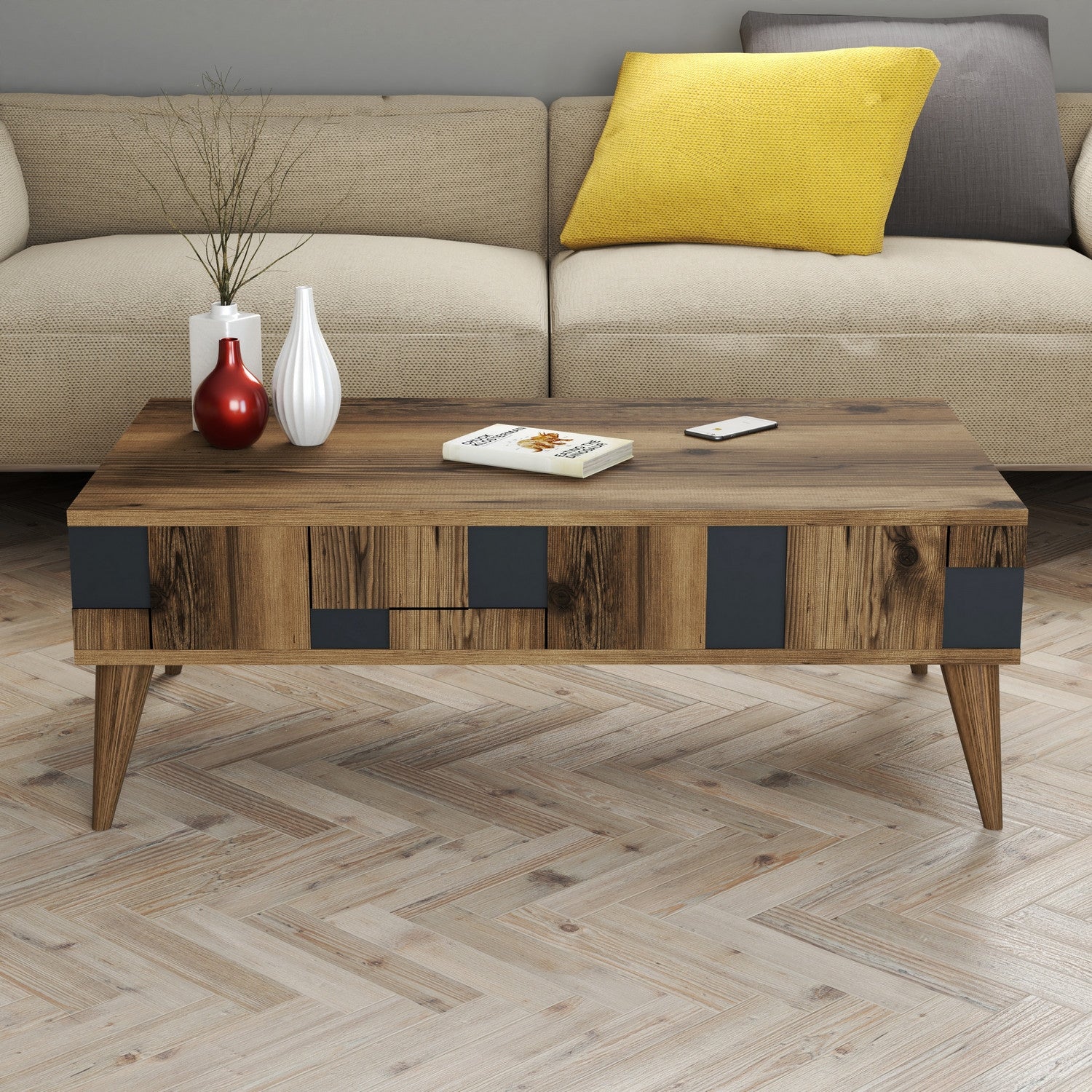 Mesa de Centro – 105 x 60 x 37,6 cm – Nogueira e Antracite – Melamina