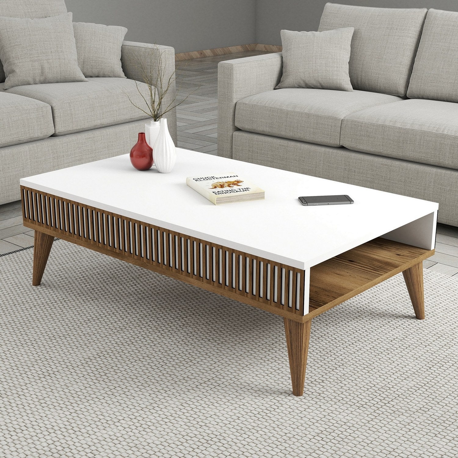 Mesa de Centro Elegante – 105 x 60 x 34,6 cm – Nogueira e Branco – Painel de Partículas revestido a Melamina