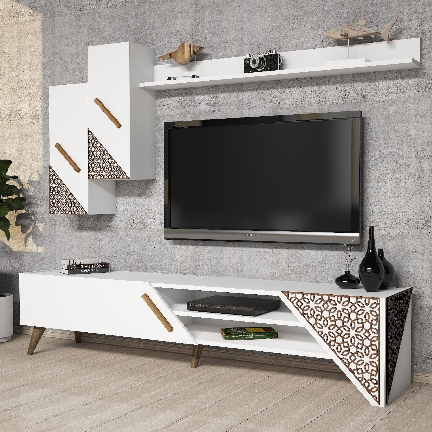 Móvel de TV moderno branco com prateleira de parede e armários, 100% revestido em melamina, 180x40x37 cm | Design elegante, espessura durável de 18 mm, perfeito para qualquer sala de estar