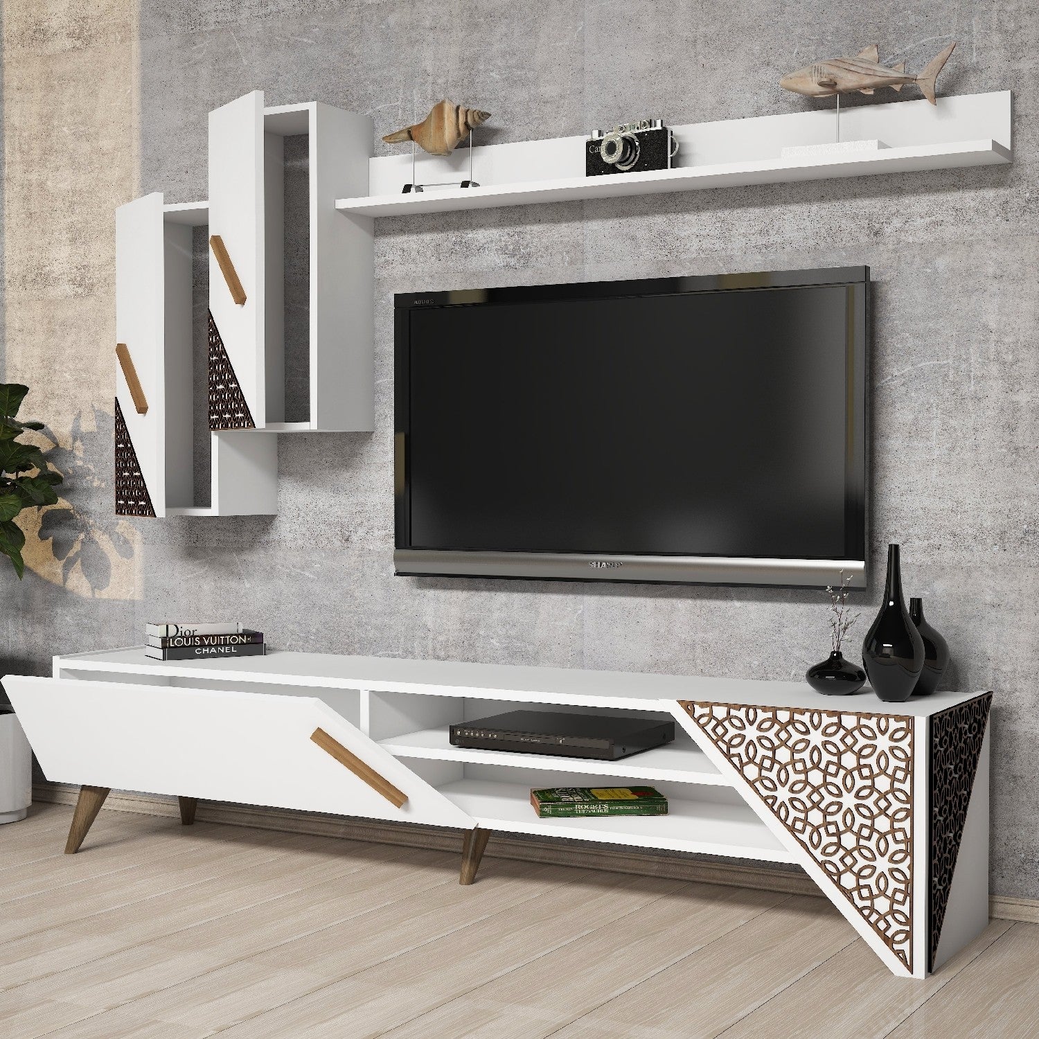 Móvel de TV moderno branco com prateleira de parede e armários, 100% revestido em melamina, 180x40x37 cm | Design elegante, espessura durável de 18 mm, perfeito para qualquer sala de estar