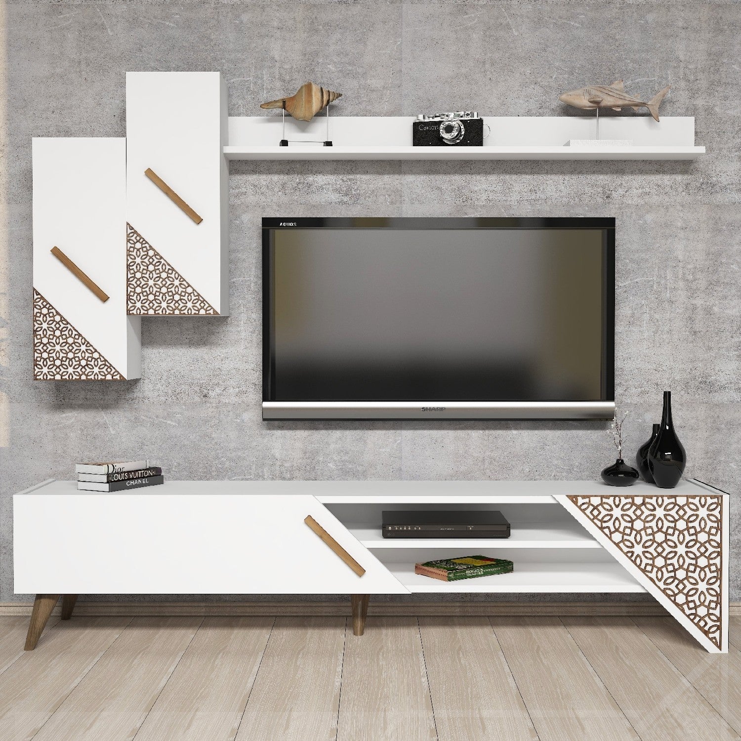 Móvel de TV moderno branco com prateleira de parede e armários, 100% revestido em melamina, 180x40x37 cm | Design elegante, espessura durável de 18 mm, perfeito para qualquer sala de estar