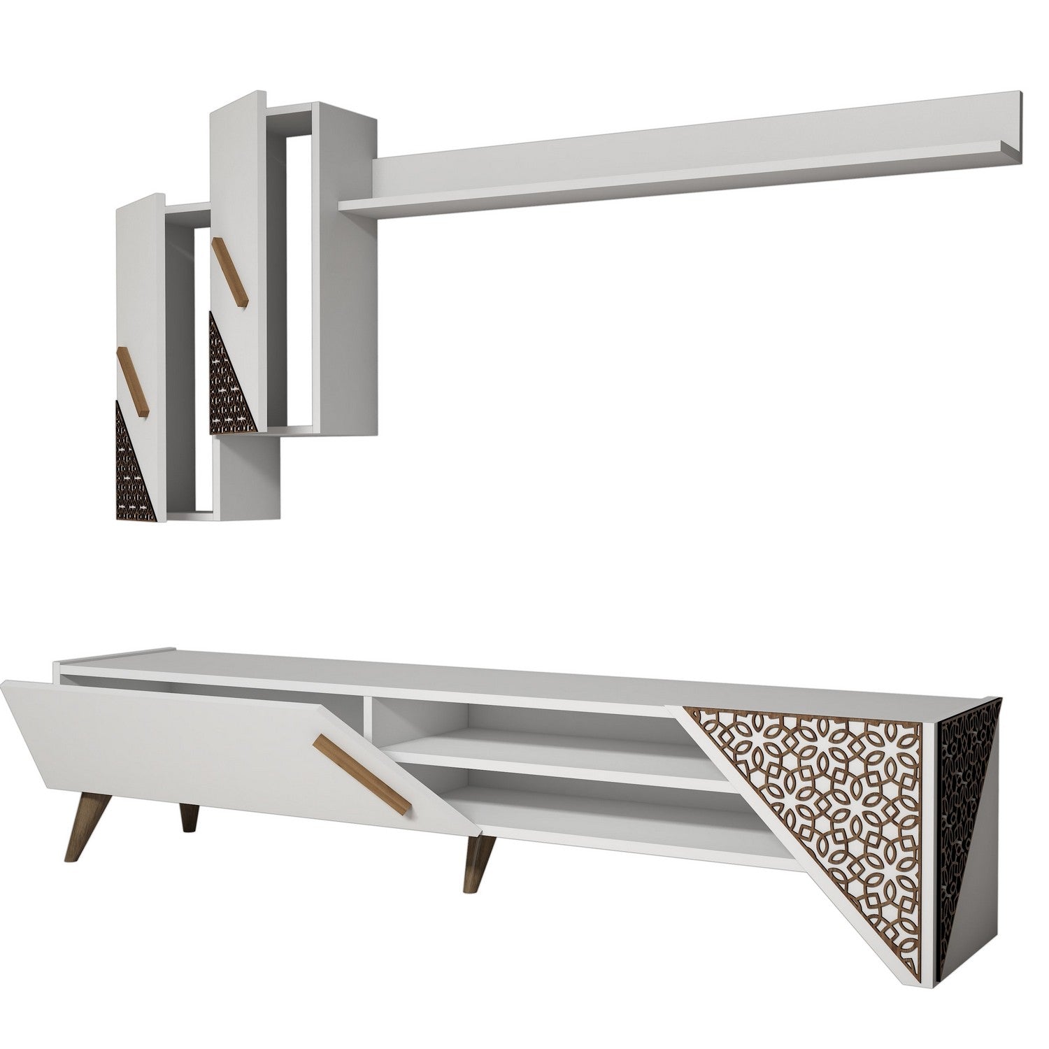 Móvel de TV moderno branco com prateleira de parede e armários, 100% revestido em melamina, 180x40x37 cm | Design elegante, espessura durável de 18 mm, perfeito para qualquer sala de estar