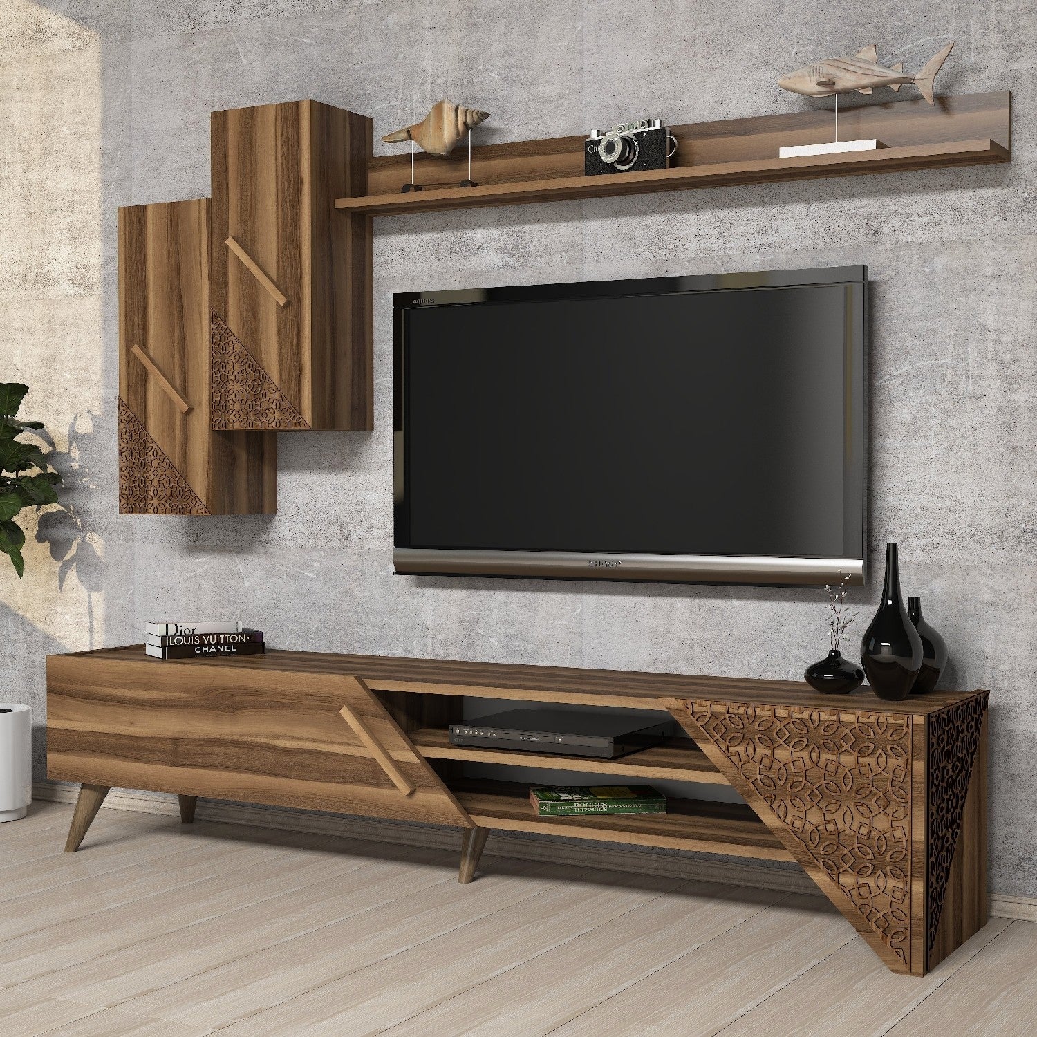 Móvel de TV moderno em nogueira com prateleira de parede, 180 cm | 100% revestido em melamina, 18 mm de espessura | Design elegante com várias prateleiras e pés de plástico