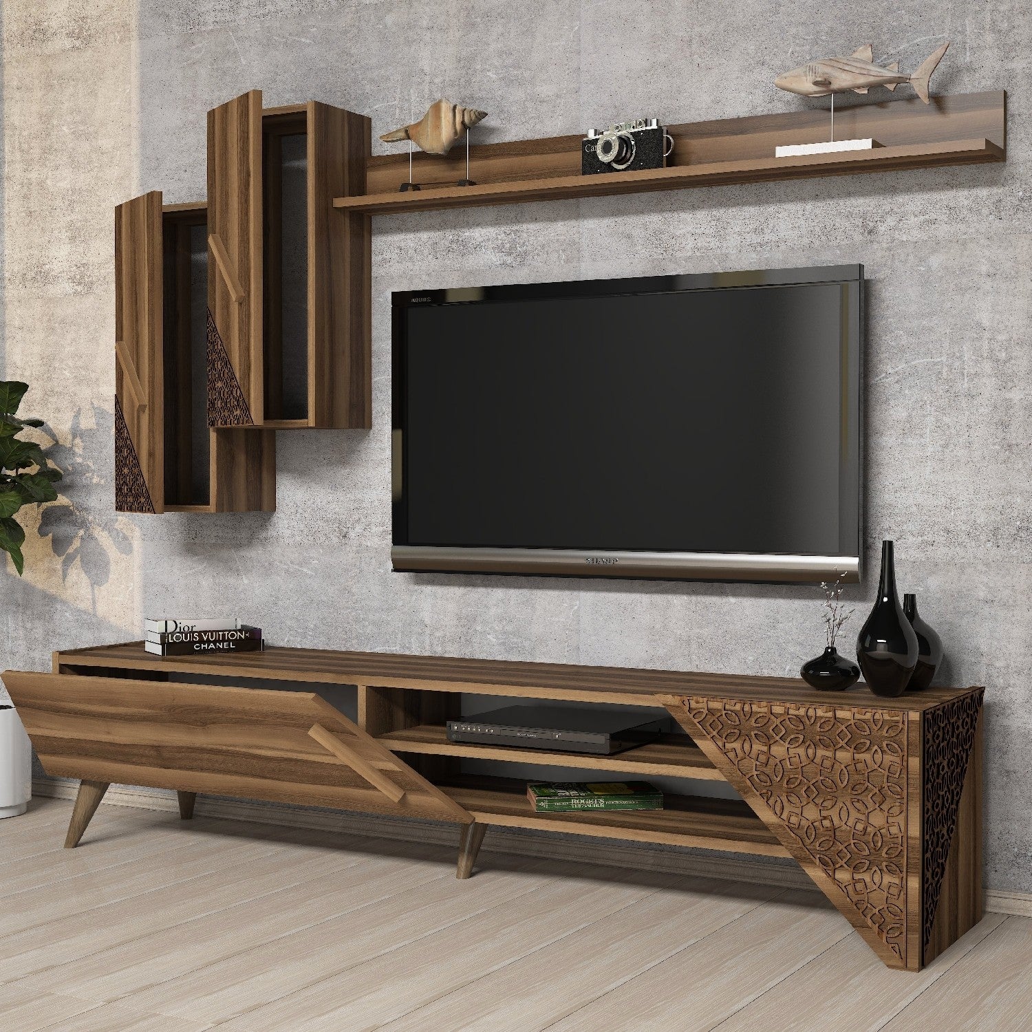 Móvel de TV moderno em nogueira com prateleira de parede, 180 cm | 100% revestido em melamina, 18 mm de espessura | Design elegante com várias prateleiras e pés de plástico