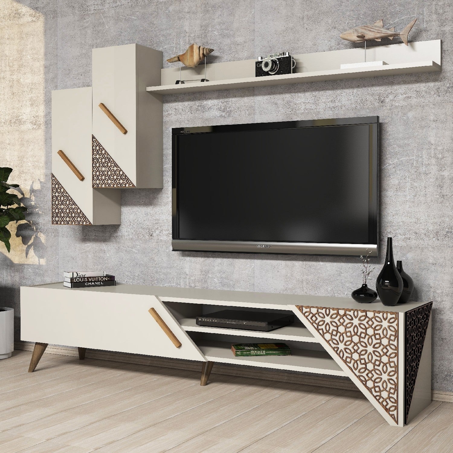 Móvel de TV moderno em creme com prateleira de parede e armário, 180 cm | 100% revestido em melamina, 18 mm de espessura | Design elegante com várias prateleiras, perfeito para qualquer sala de estar