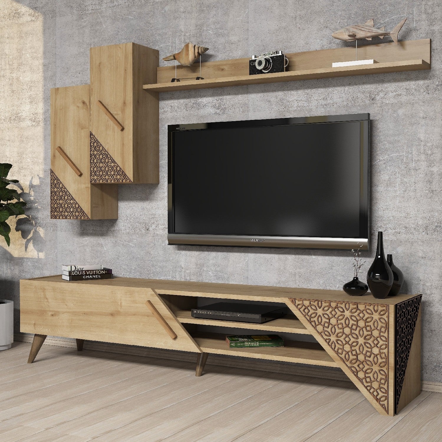 Móvel de TV moderno em carvalho com prateleira de parede e armário, 180 cm | 100% revestido em melamina, 18 mm de espessura | Design elegante com várias prateleiras, perfeito para qualquer sala de estar