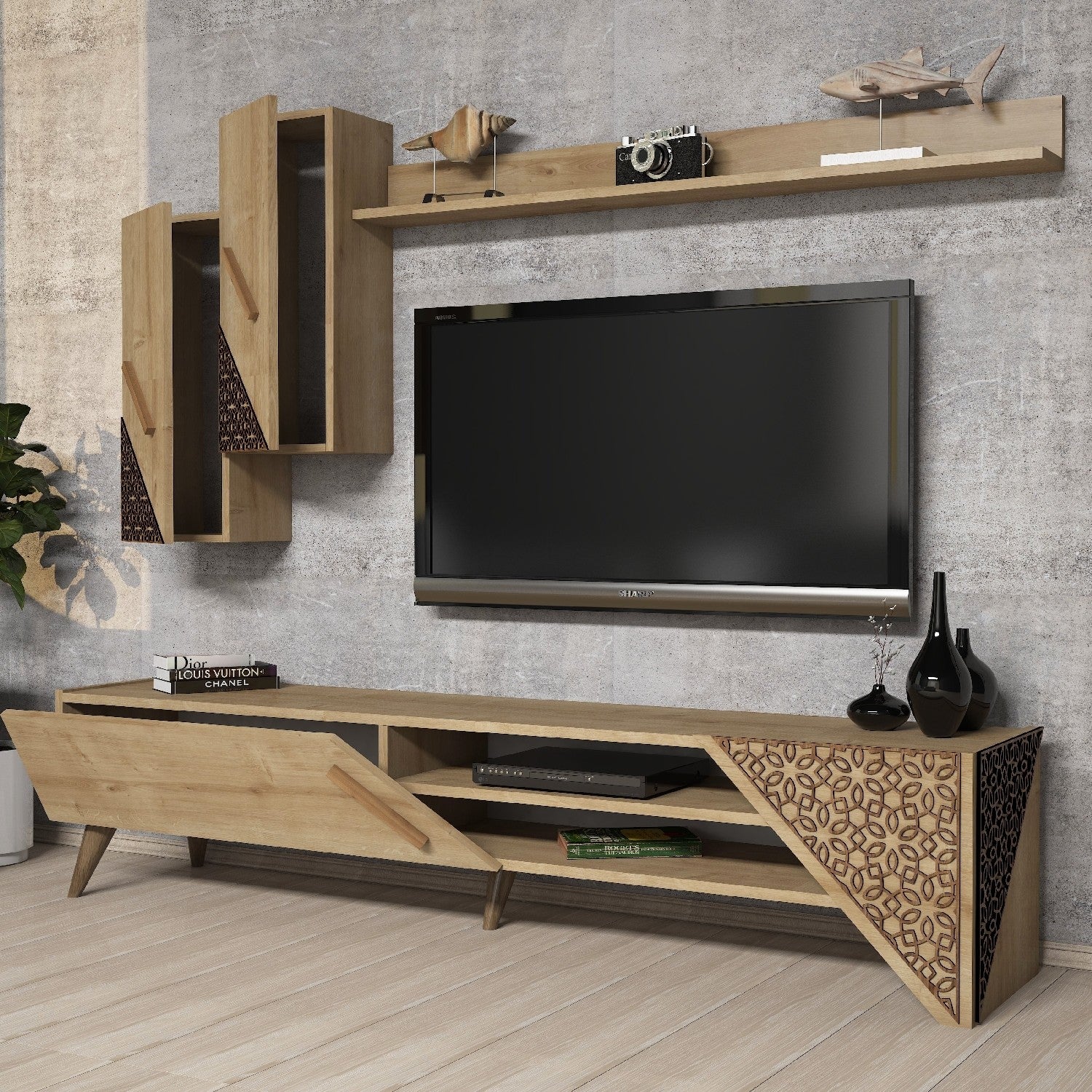 Móvel de TV moderno em carvalho com prateleira de parede e armário, 180 cm | 100% revestido em melamina, 18 mm de espessura | Design elegante com várias prateleiras, perfeito para qualquer sala de estar