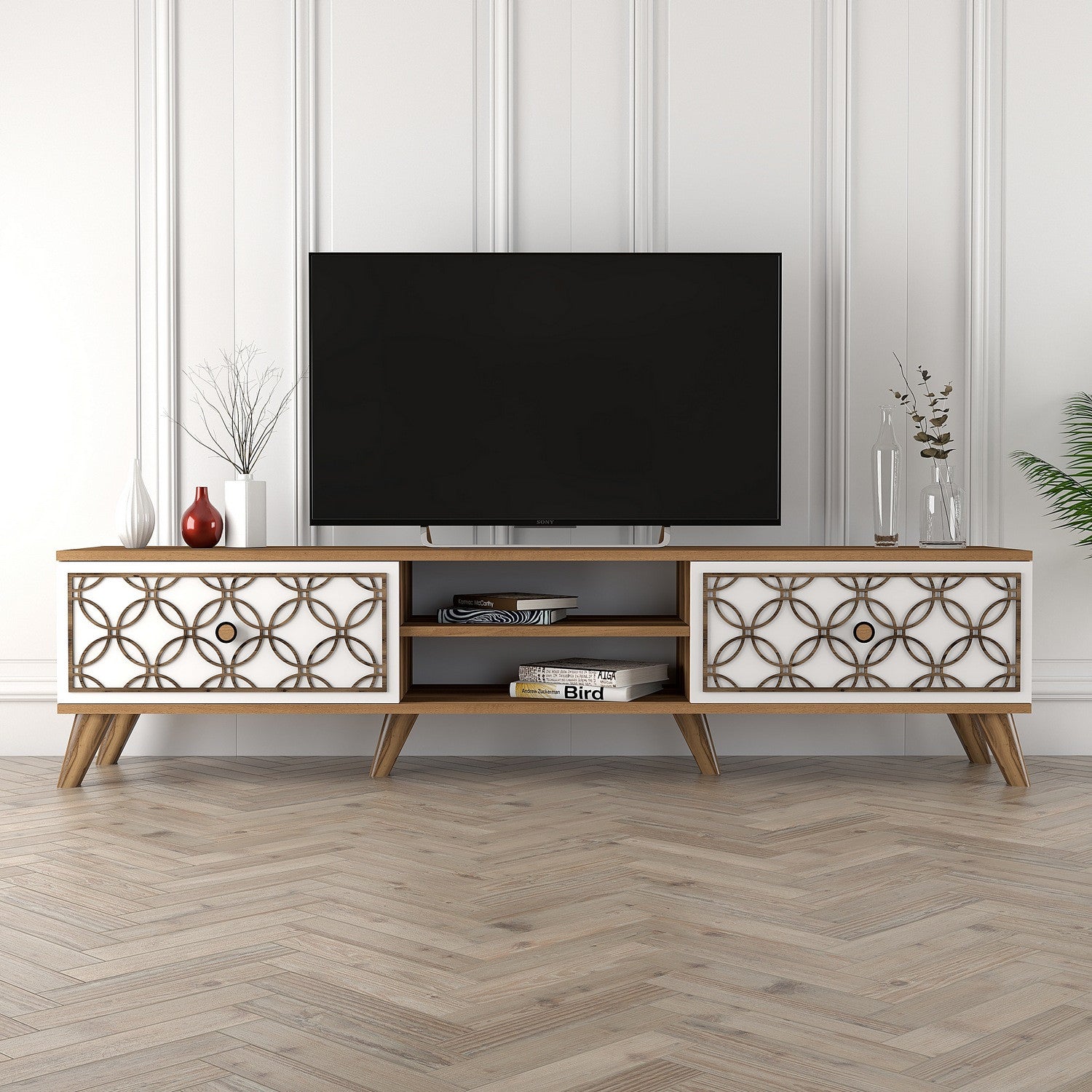 Suporte de TV moderno com prateleiras, nogueira e branco, 180 cm x 44 cm x 35 cm | 100% revestido em melamina, 18 mm de espessura, montável na parede, design elegante
