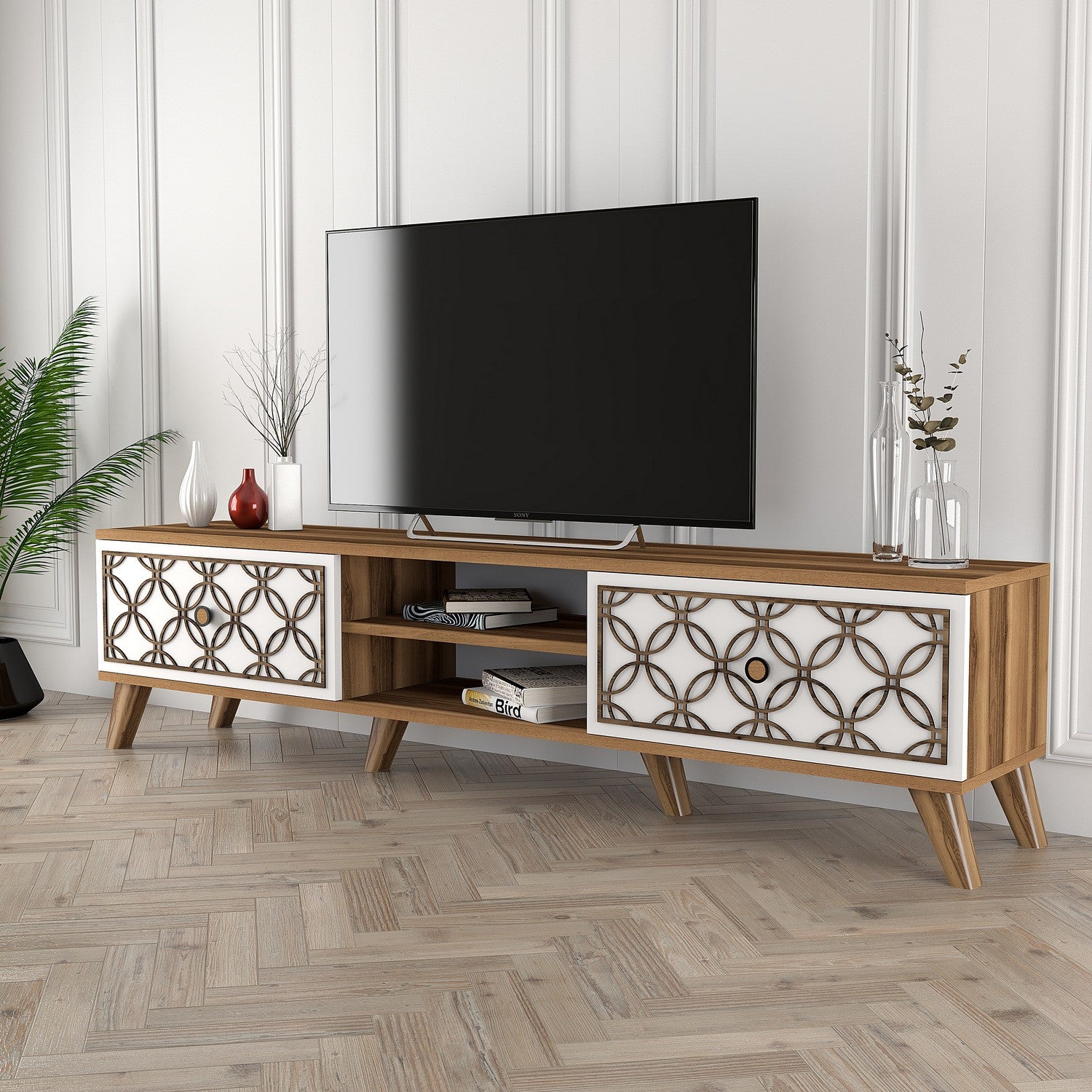 Suporte de TV moderno com prateleiras, nogueira e branco, 180 cm x 44 cm x 35 cm | 100% revestido em melamina, 18 mm de espessura, montável na parede, design elegante