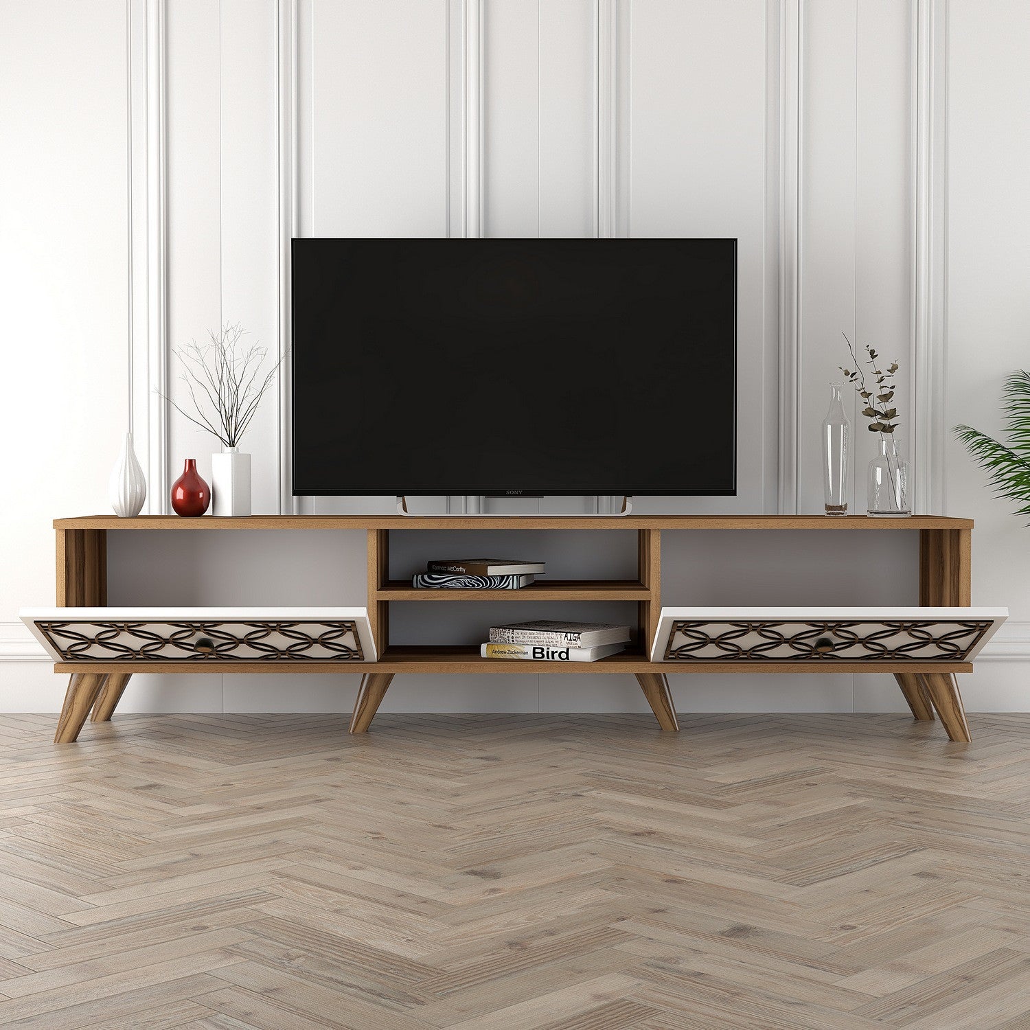Suporte de TV moderno com prateleiras, nogueira e branco, 180 cm x 44 cm x 35 cm | 100% revestido em melamina, 18 mm de espessura, montável na parede, design elegante